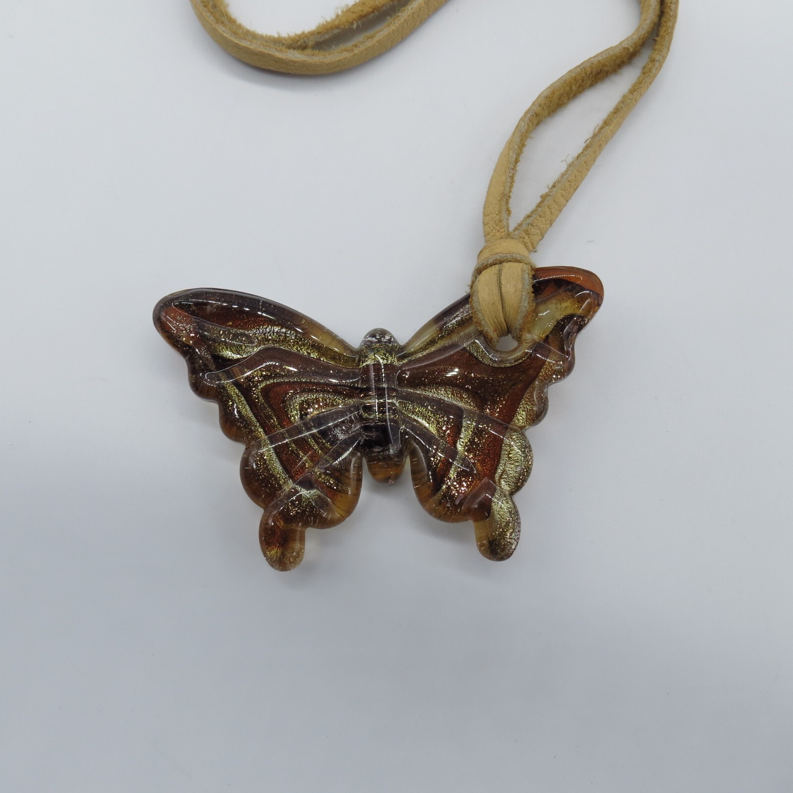 Art Glass Butterfly Pendant Necklace Brown Yellow Gold Foiled Glass 22″