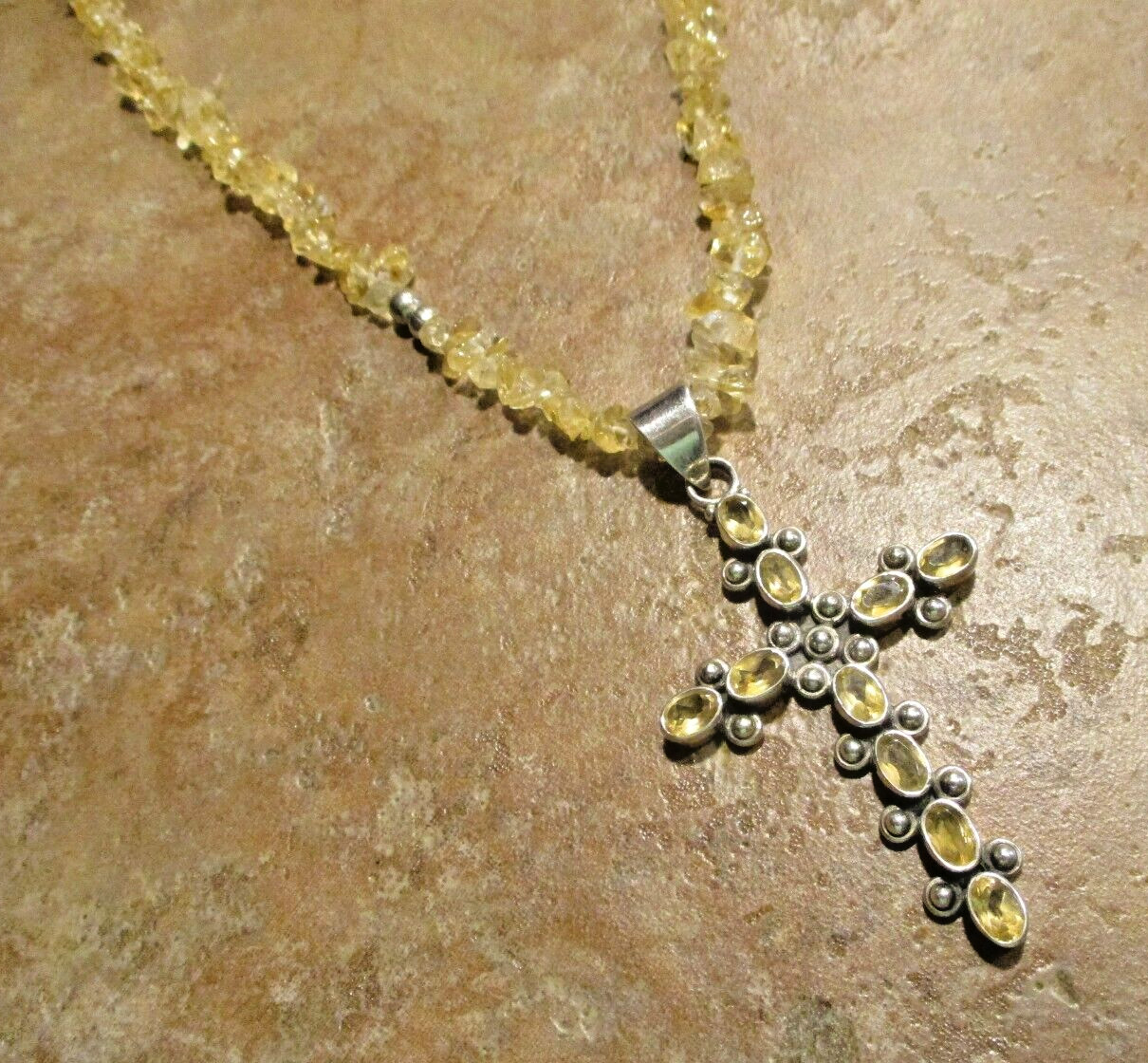 17″- 18″ FINE Vintage Southwestern Design Sterling Silver CITRINE Cross Necklace