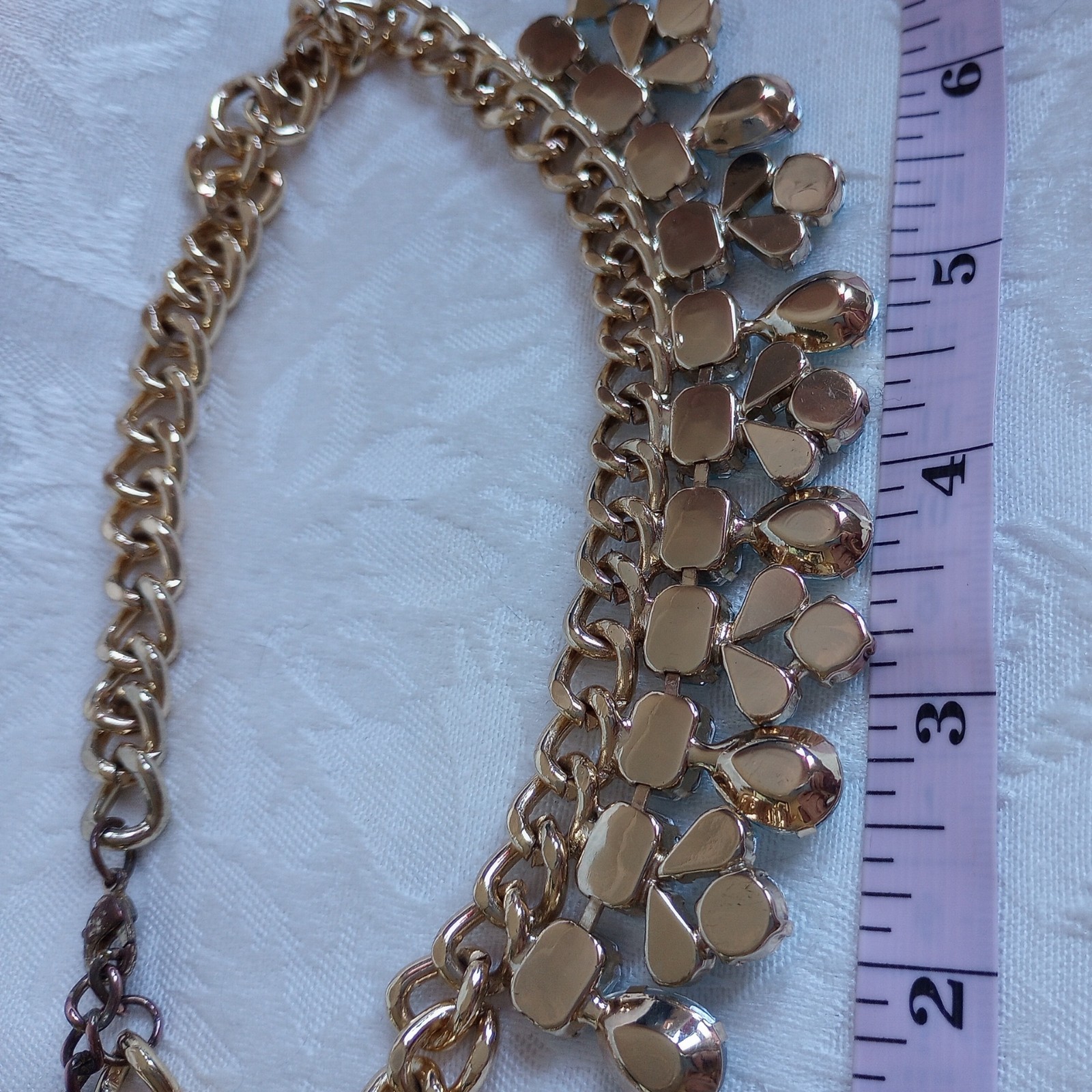 Light Teal Faceted Jeweled Statement Link Necklace Goldtone read Tone Choker 15″