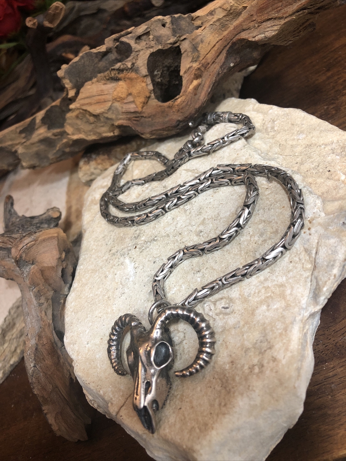 Rare Sterling 925 Solid 3mm Byzantine chain 20″ RAM’s SKULL Pendant Necklace 51g