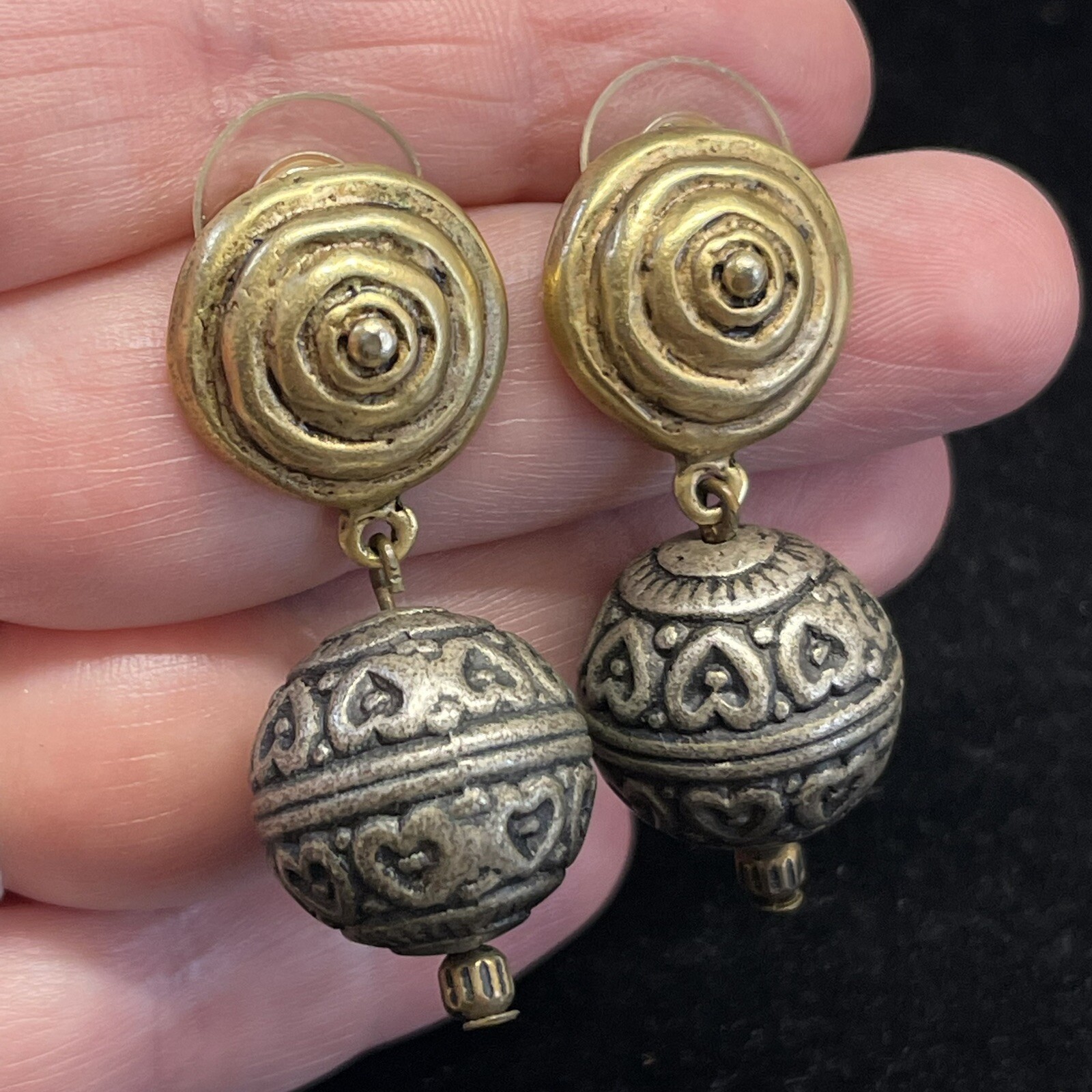 Vintage Gold Tone Swirl Silver Tone Heart Round Sphere Drop Pierced Earrings