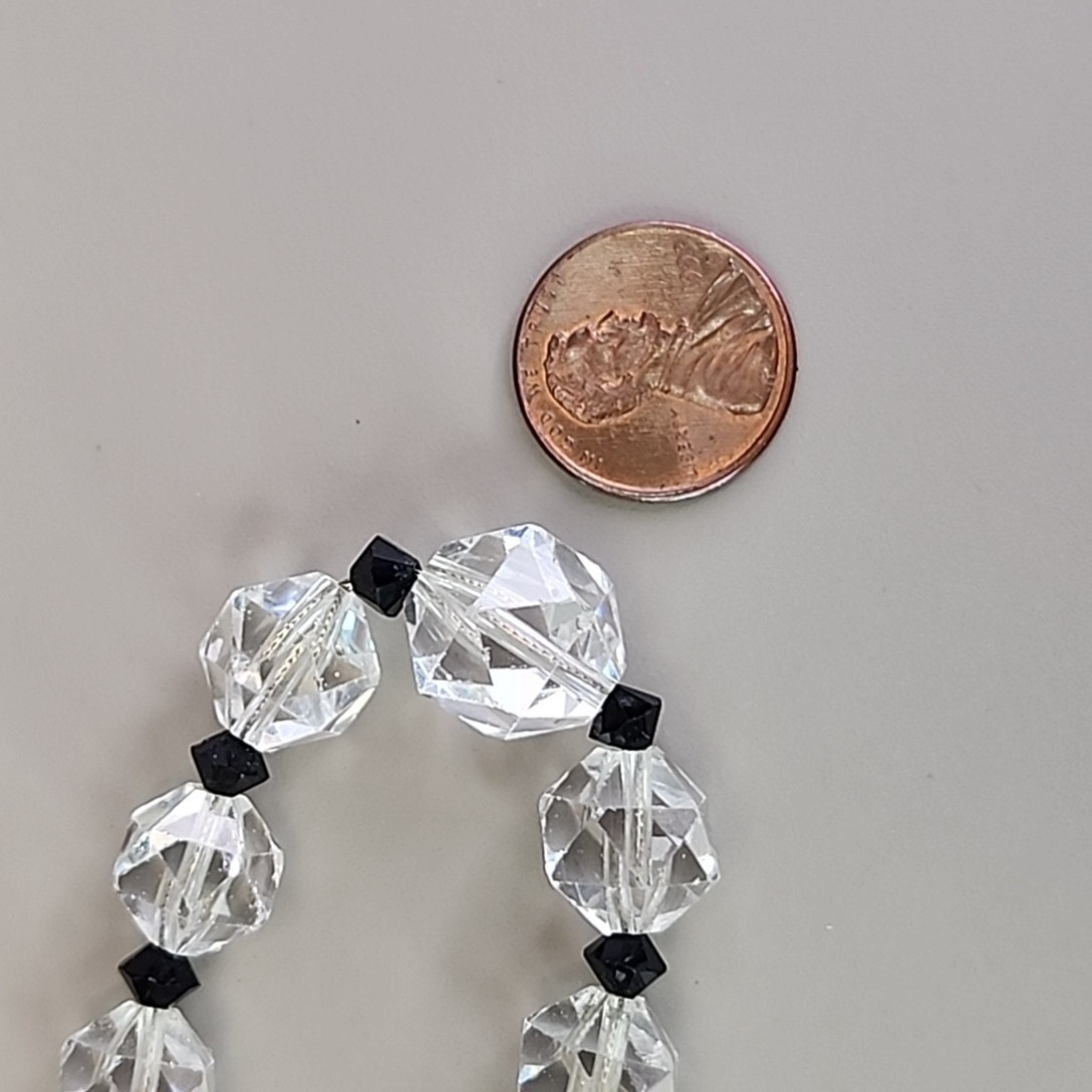 Vintage Glass Beaded Necklace Clear Round Black Bicone Accents 14.75″