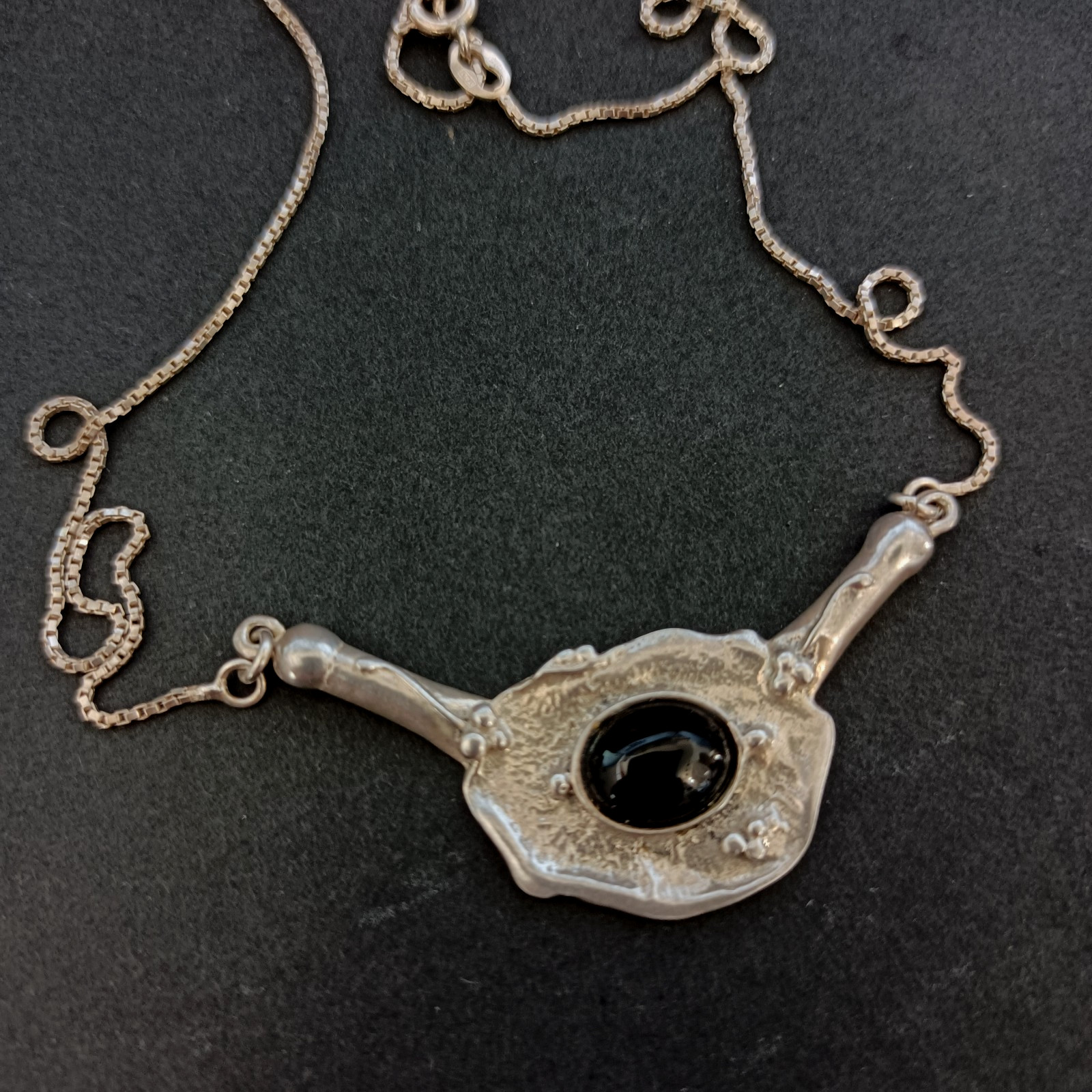 Modernist Silver Onyx Necklace Artisan Freeform Bib Brutalist Israel Art Vintage