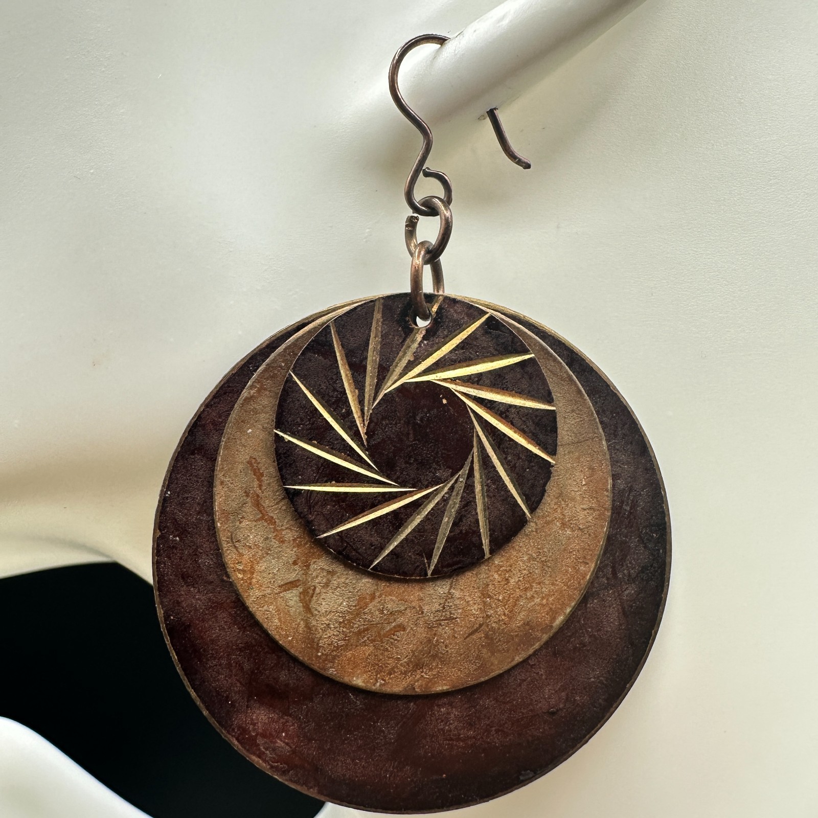 Vintage Brown Copper Layered Eyes shape Disks Dangle Earrings with 3 Disks 2 in
