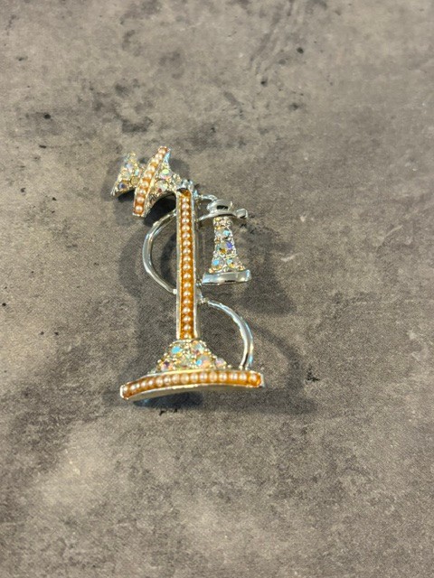 2 VINTAGE CANDLESTICK TELEPHONE BROOCHES- RHINESTONES AND FAUX PEARLS