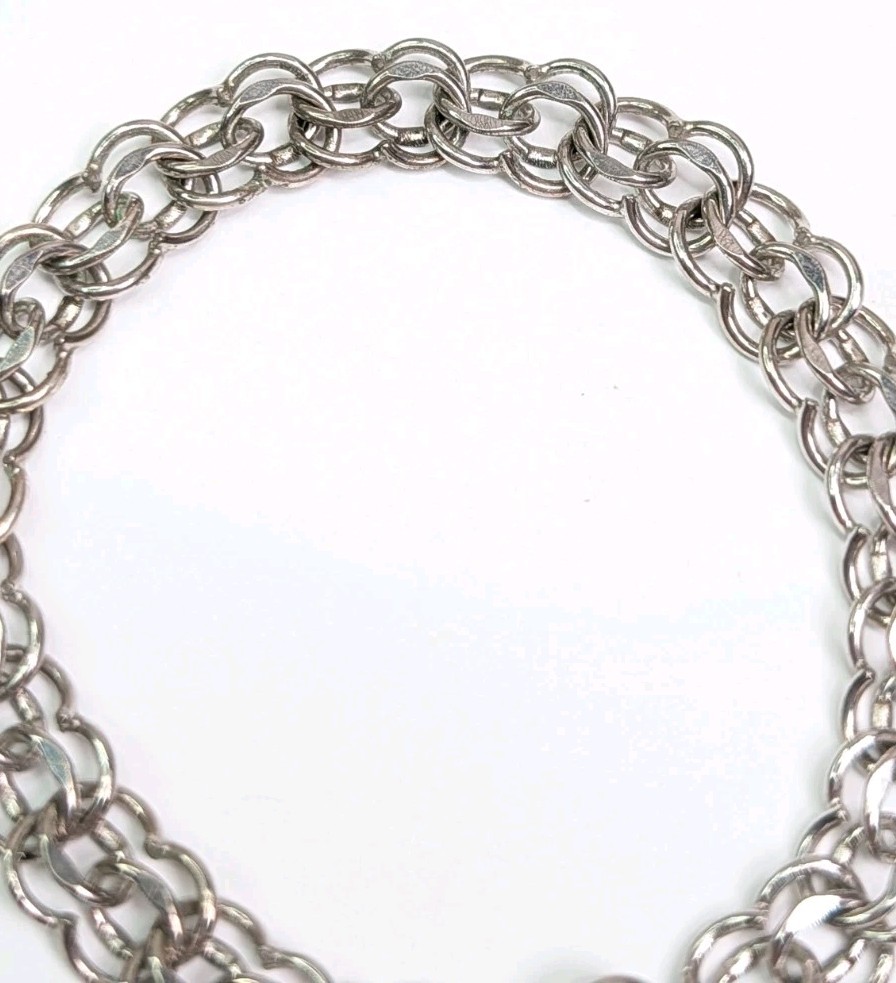 Vintage Sterling Silver Charm Bracelet Double Link 7″ Safety Chain C Clasp
