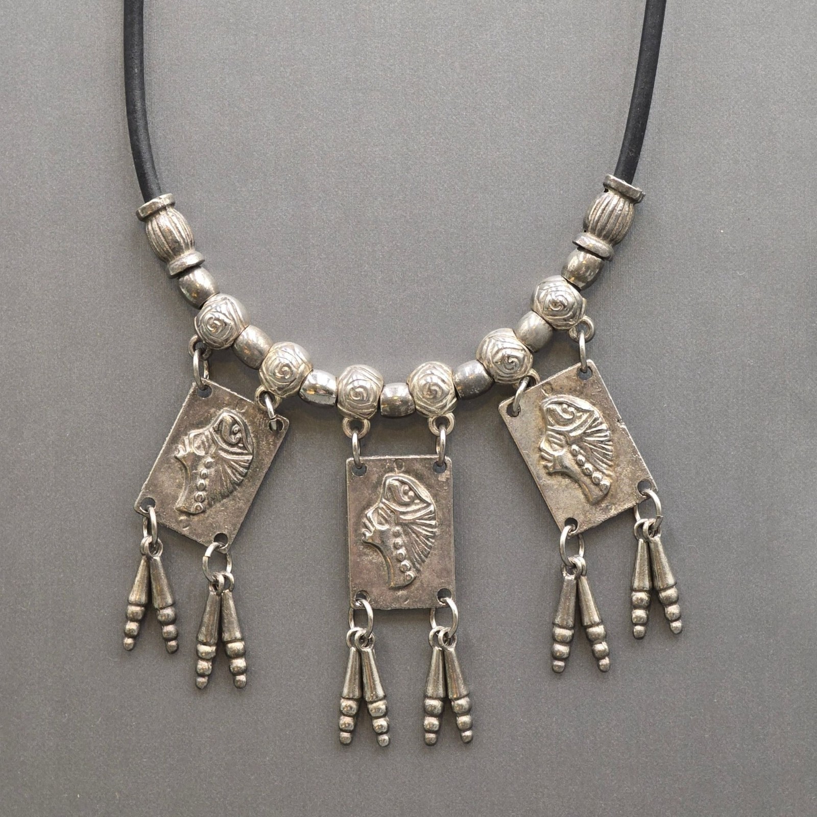 Vintage Tribal Panel Fringe Necklace Silver Tone Leather Cord Boho Statement