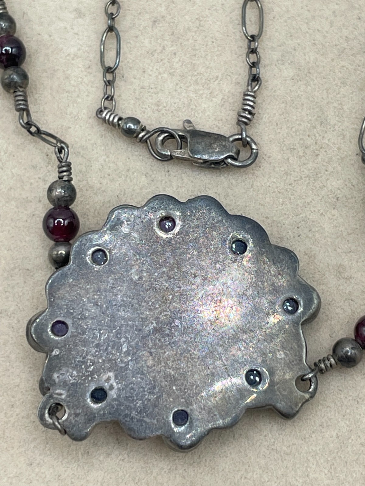 VTG Garnet & Amethyst cabochon Sterling Silver pendant bead chain necklace 12g