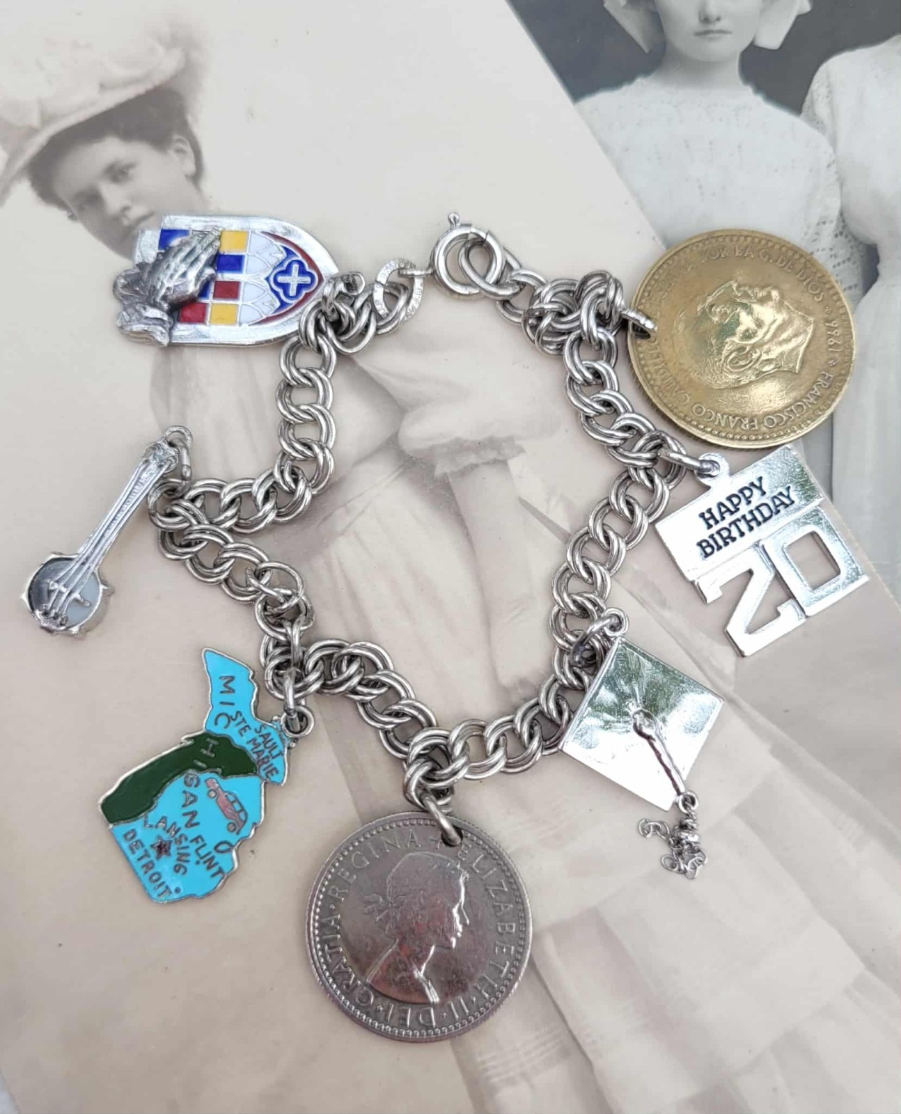 Vintage Sterling Silver Michigan Coins Banjo Grad 7 Charm Bracelet 7″ – 21.4g