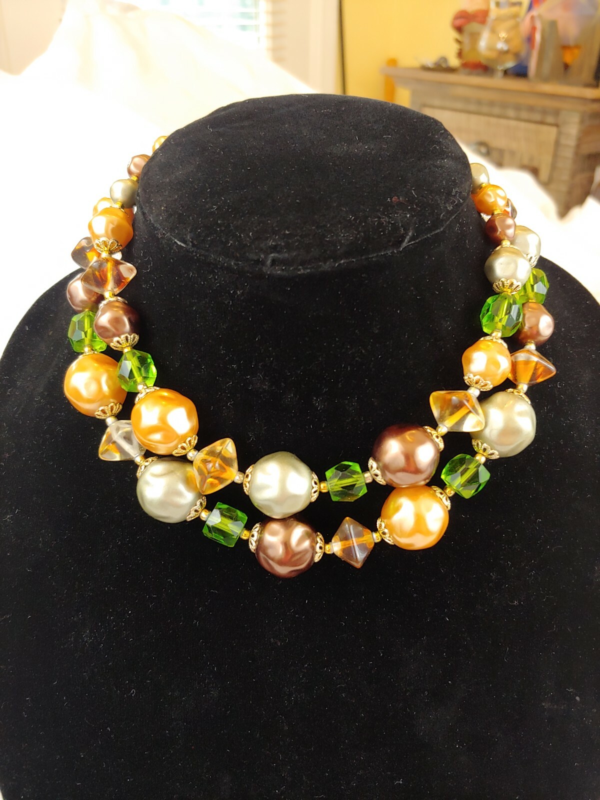 Vintage MCM 1950s Peach Gold Green Brown Bead Costume 2 Strand Necklace VGUC!