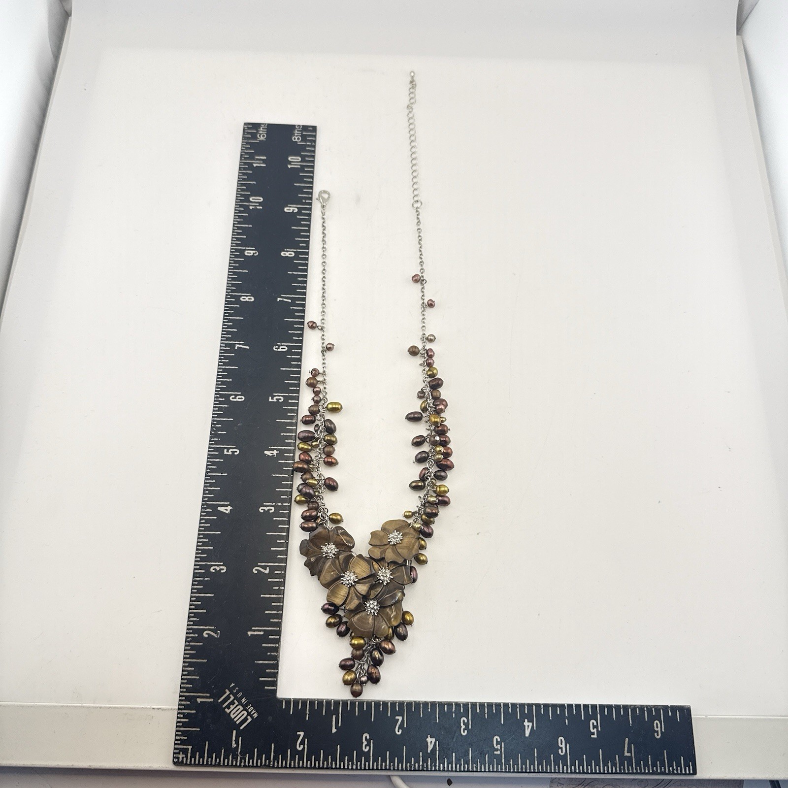 Tigers Eye Pearl Necklace Earrings Set Floral Waterfall Cluster Silver Tone QVC