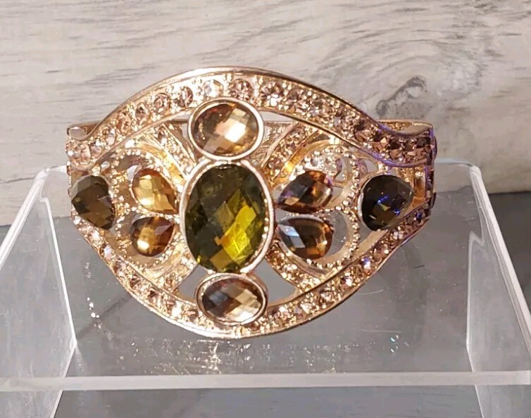 Chunky Gold Toned Fuax Gemstones Bracelet Hinged Opening