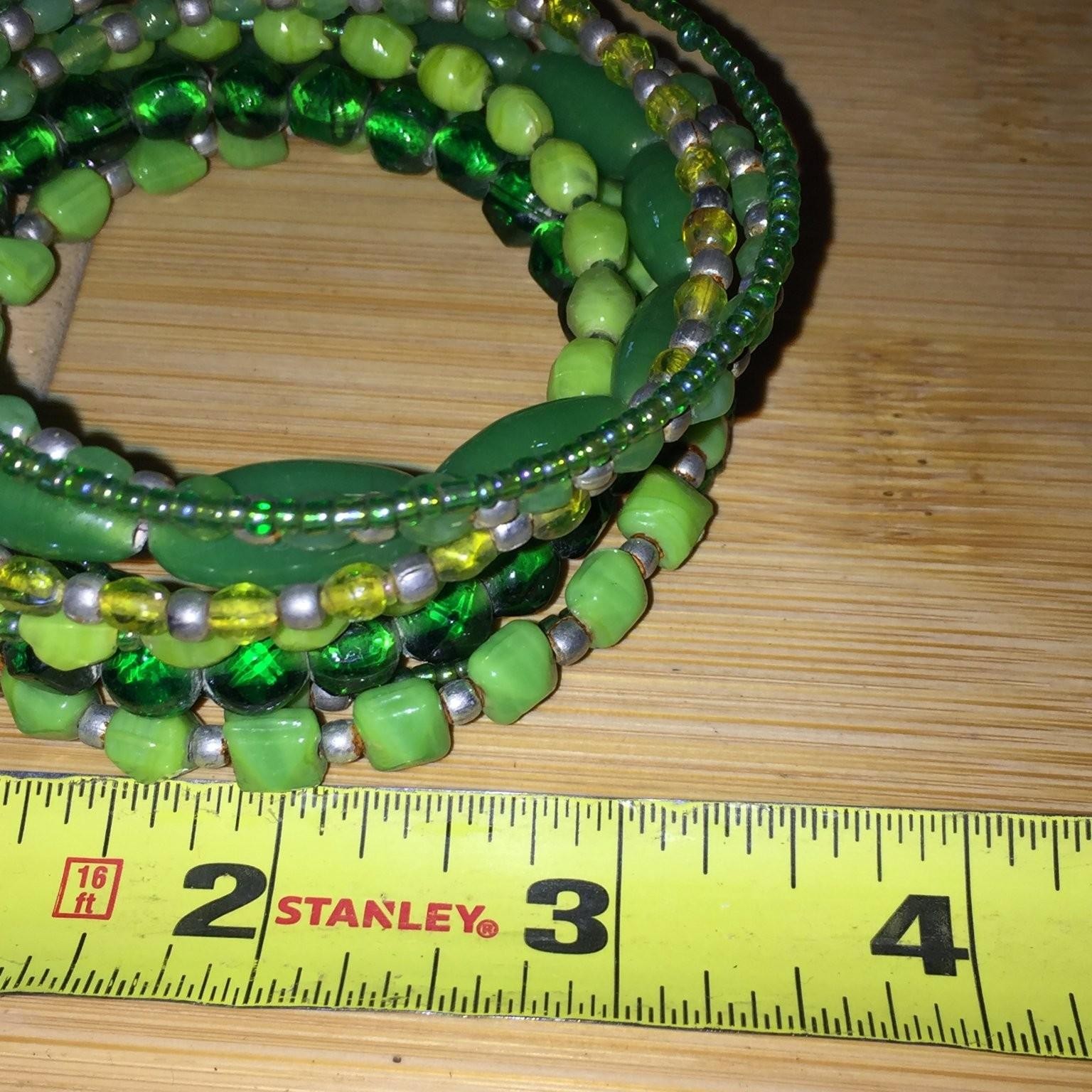 Vintage Multi-Strand Coil Wrap Bracelet Green Glass Acrylic Beads Boho