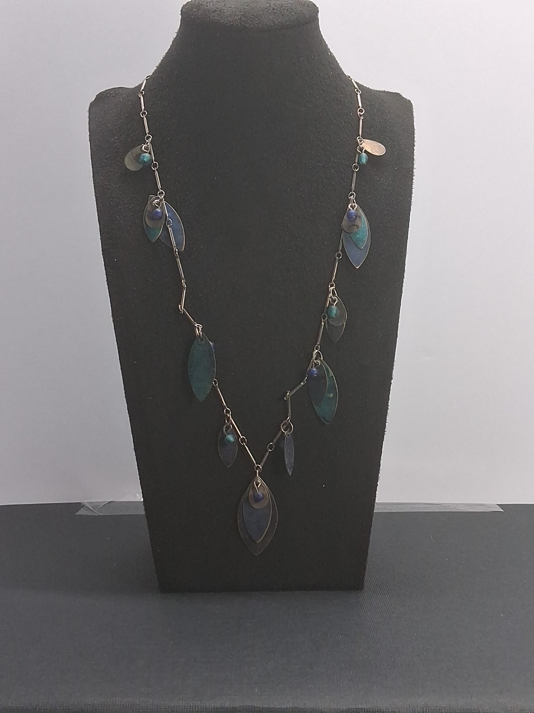 Vintage Niobium Teal & Blue Leaf Charm Station Necklace Bohemian Modernist…