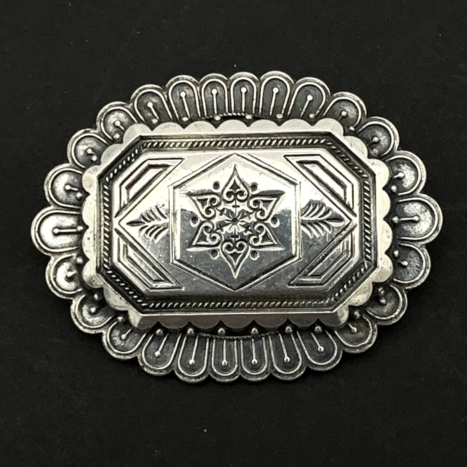 VICTORIAN REVIVAL vintage brooch – layered silver-tone pin – big 2″ x 1.5″ heavy