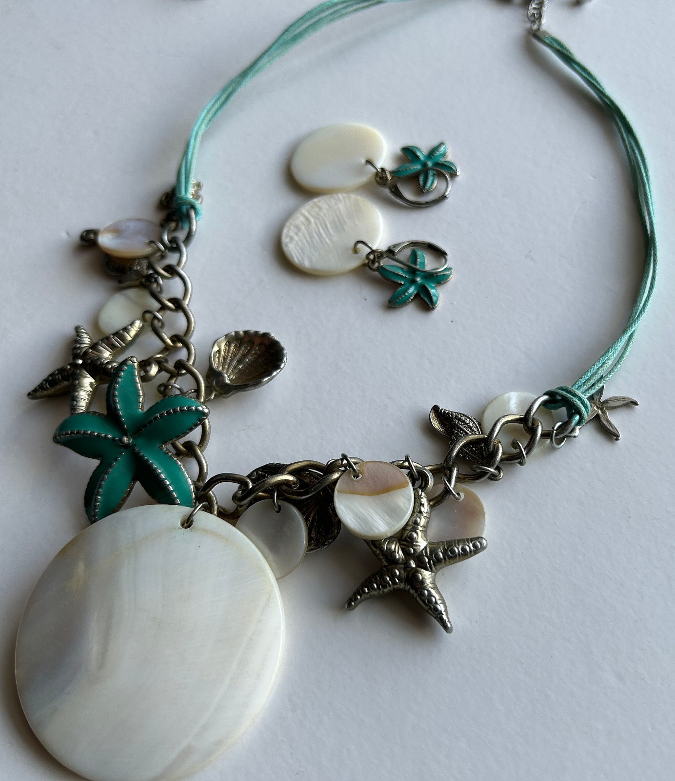 Beachy Nautical Statement Necklace 18″ Turquoise Mother of Pearl Starfish