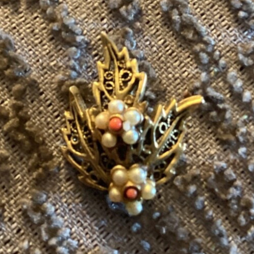 Victorian Revival Filigree Leaf Faux Pearl Flower Brooch Signed Tacoa Pin Vtg