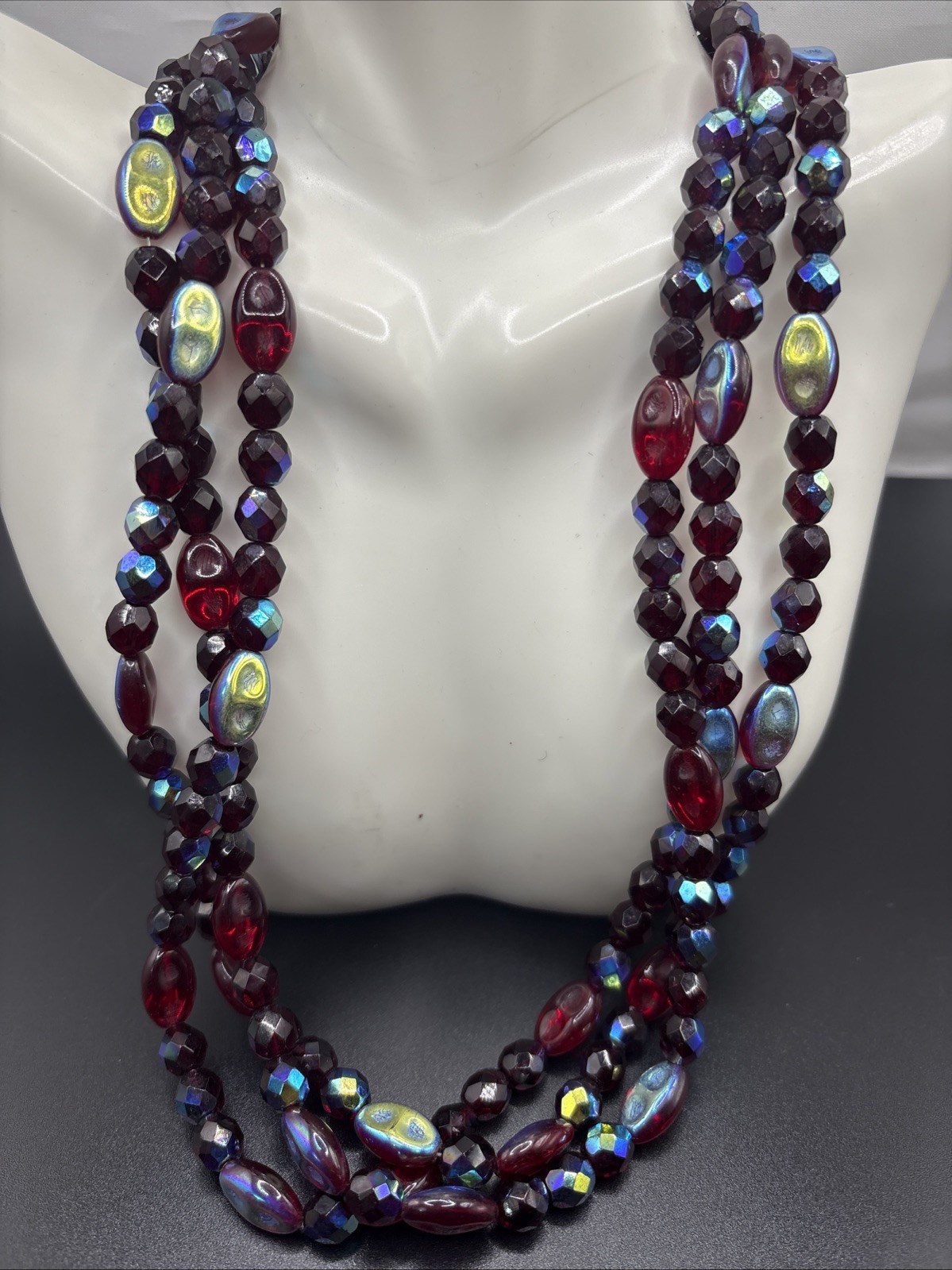 Vintage Red Glass Beaded Necklace multi strand Iridescent Statement Molded 20”