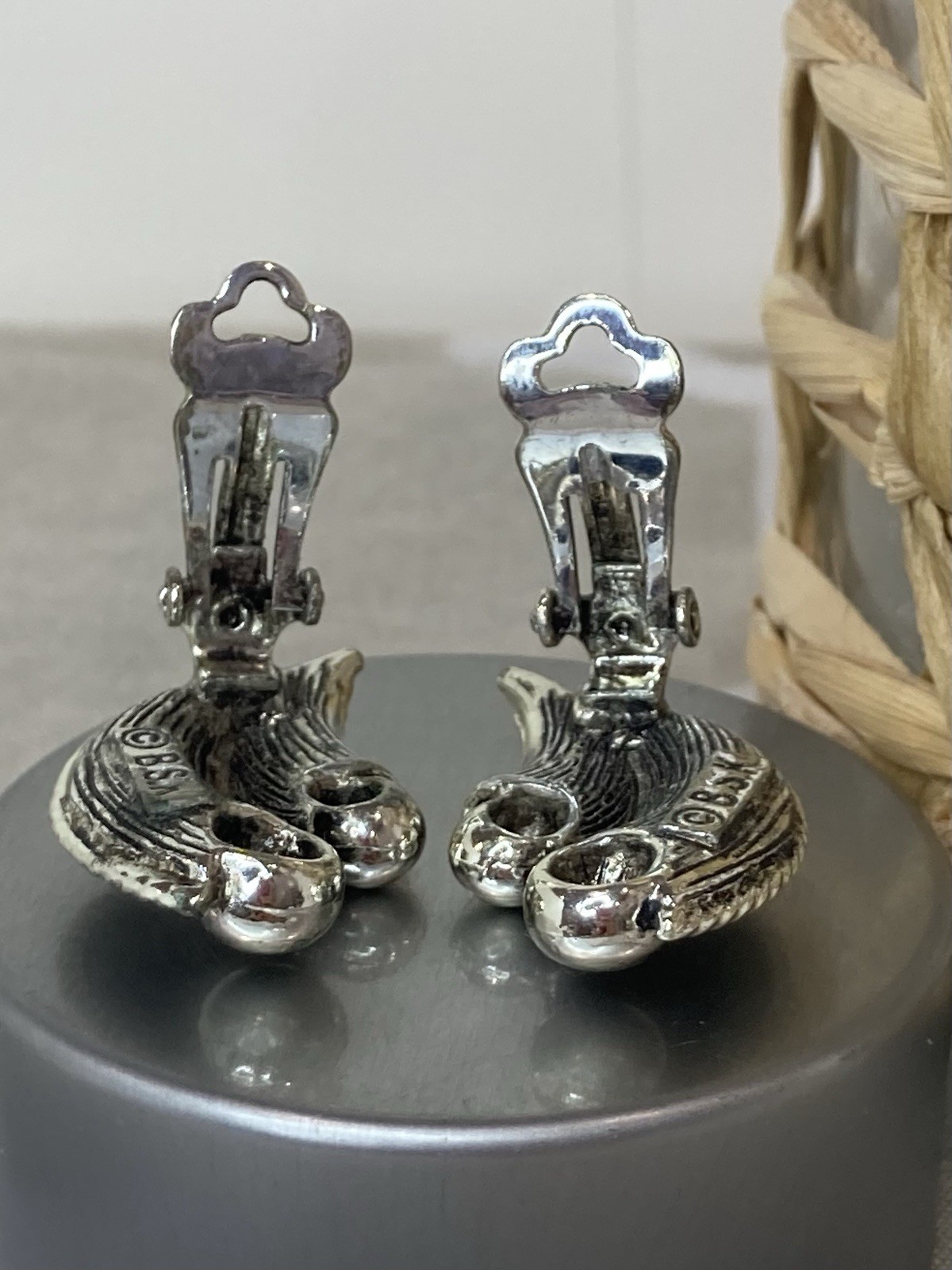 Vintage Signed BSK Silver Tone Clip-On Scroll Earrings – Approximately 1/2” Long