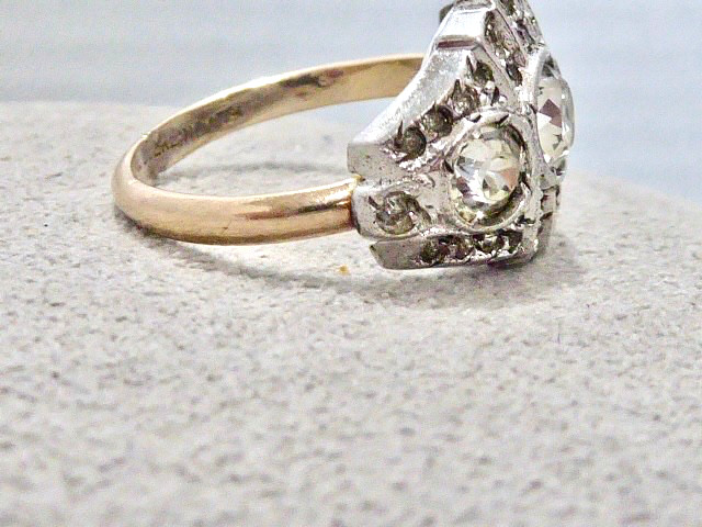 ANTIQUE EDWARDIAN 10K YG ON STERLING SILVER SIZE 6.75 CLEAR STONE RING DECO RING