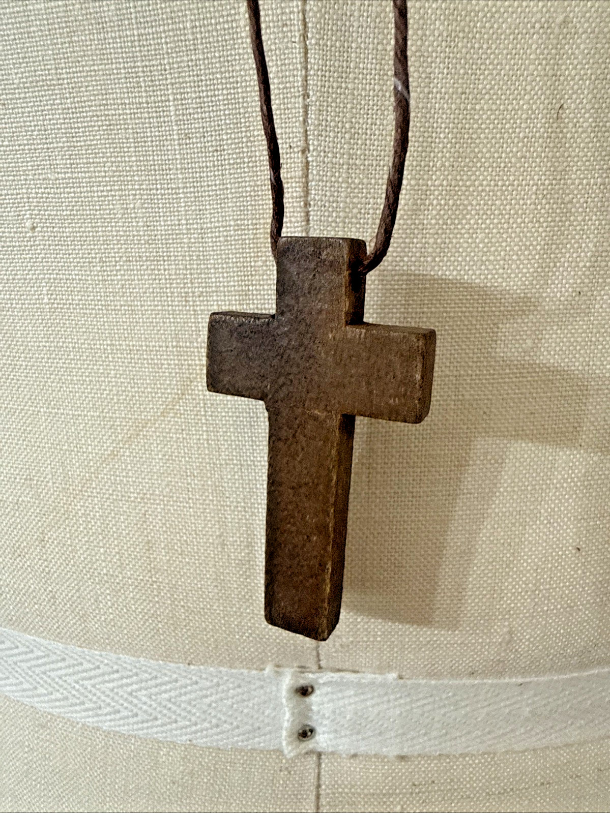 Vintage 80s Cross INRI Necklace Pendant Rosary OLIVE WOOD Hemp Cord COLLECTIBLE