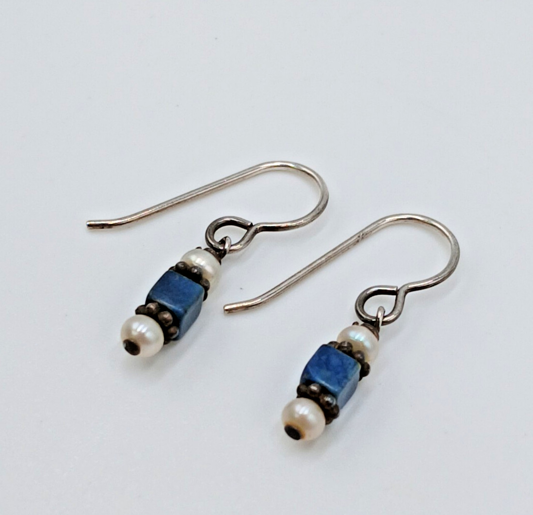 VTG Beaded Dangle Earrings 1in Drop Blue Stone Seed Pearl Silver Tone Estate