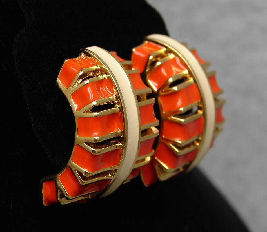 Vintage ST. JOHN Egyptian Motif CLIP-On EARRINGS Orange & Cream ENAMEL Gold-Tone