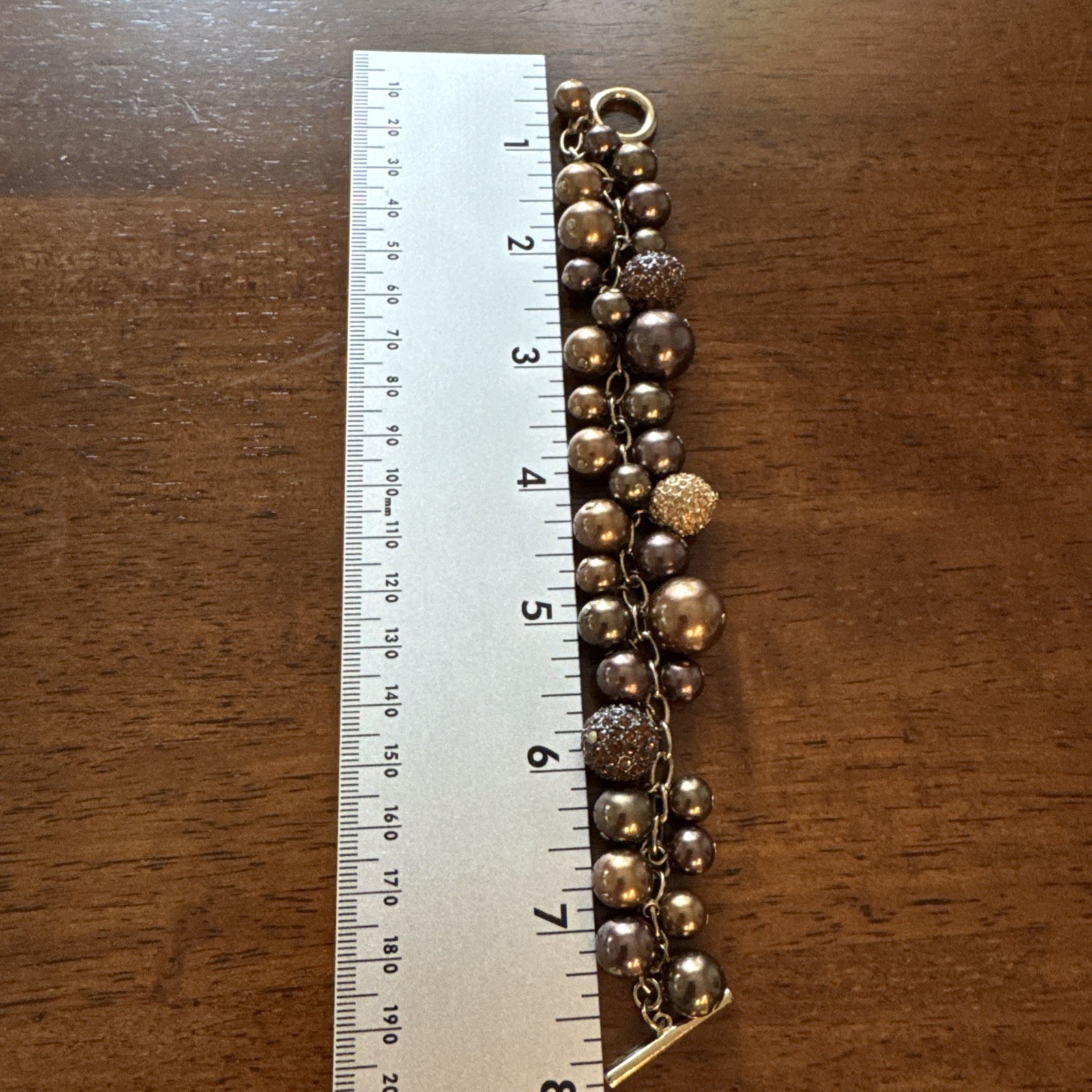Vintage Carolee Toggle Bracelet With Brown Crystals And Faux Pearl Bauble Balls