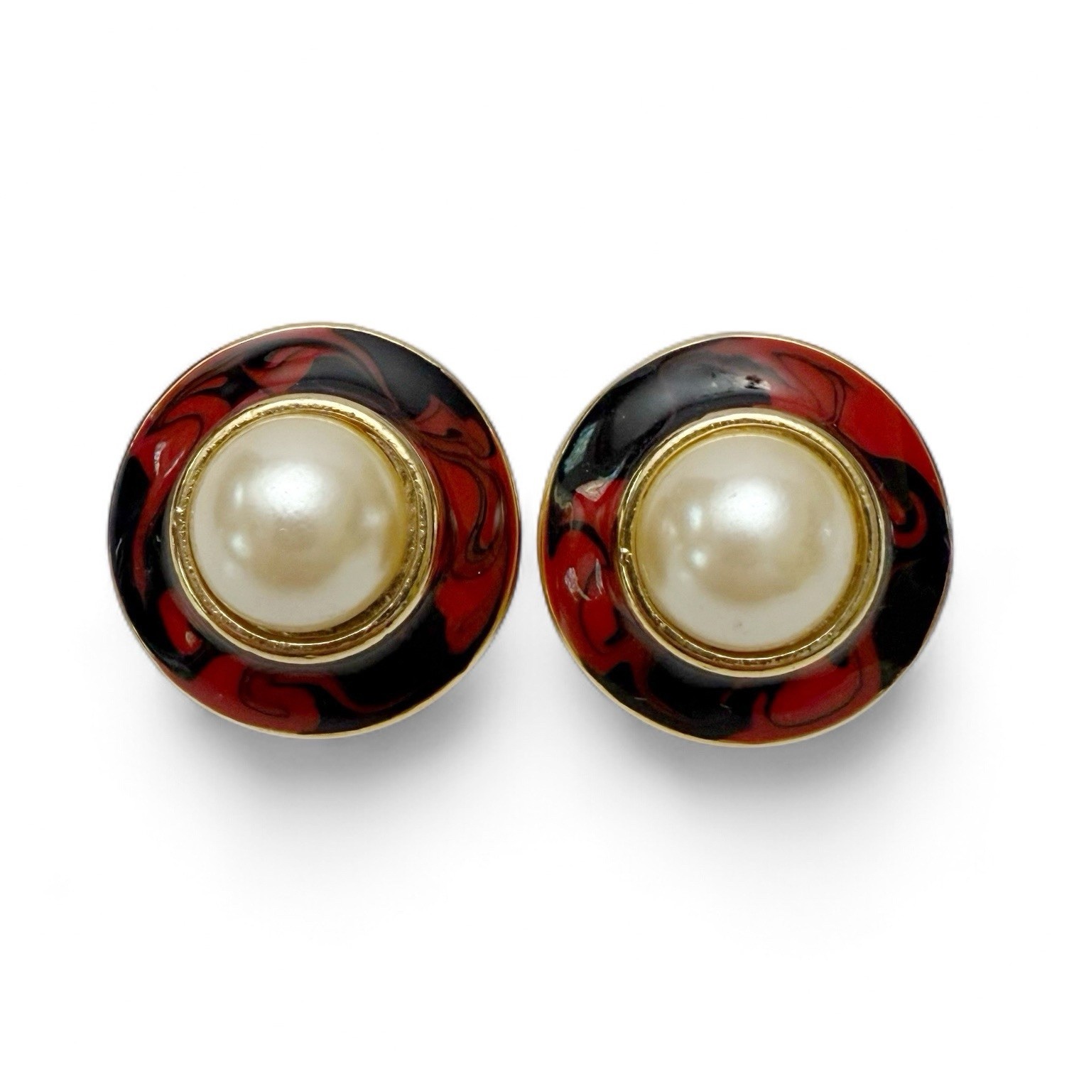 Vintage Faux Pearl Cabochon Black Red Round Earrings Goldtone
