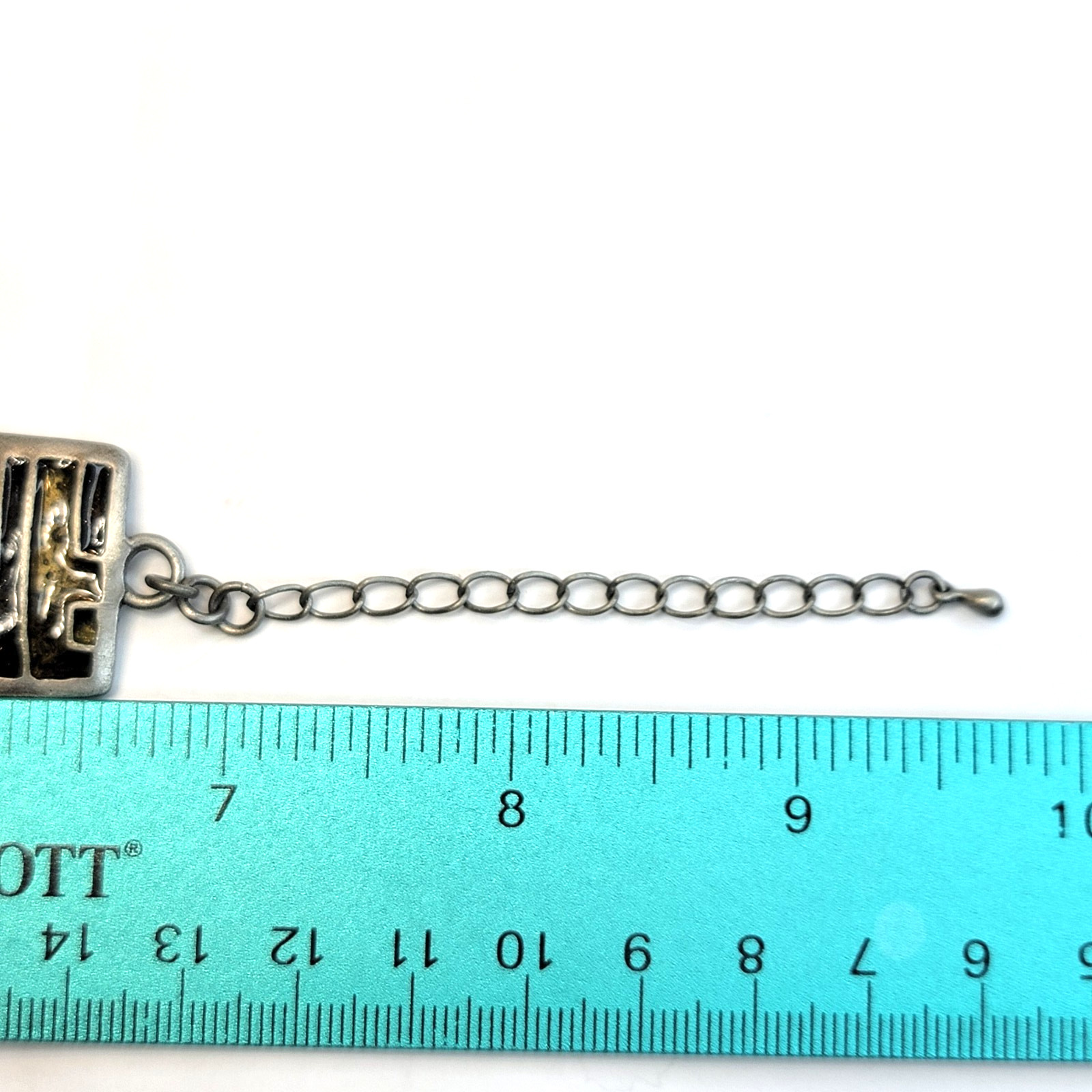Vintage Modernist Silver Tone Link Y2K Bracelet Olivine Enamel Articulated Panel