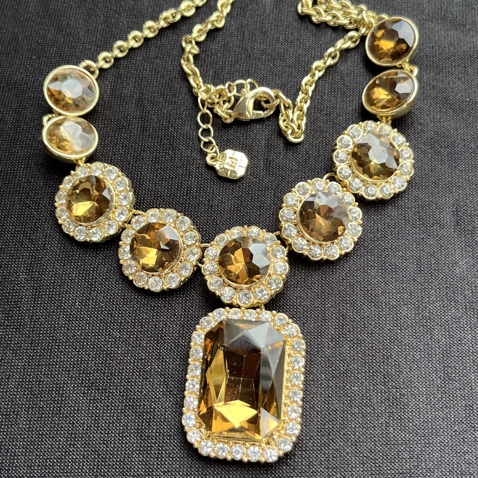 Vintage Monet Faceted Golden Topaz Crystal & Clear Rhinestone Statement Necklace
