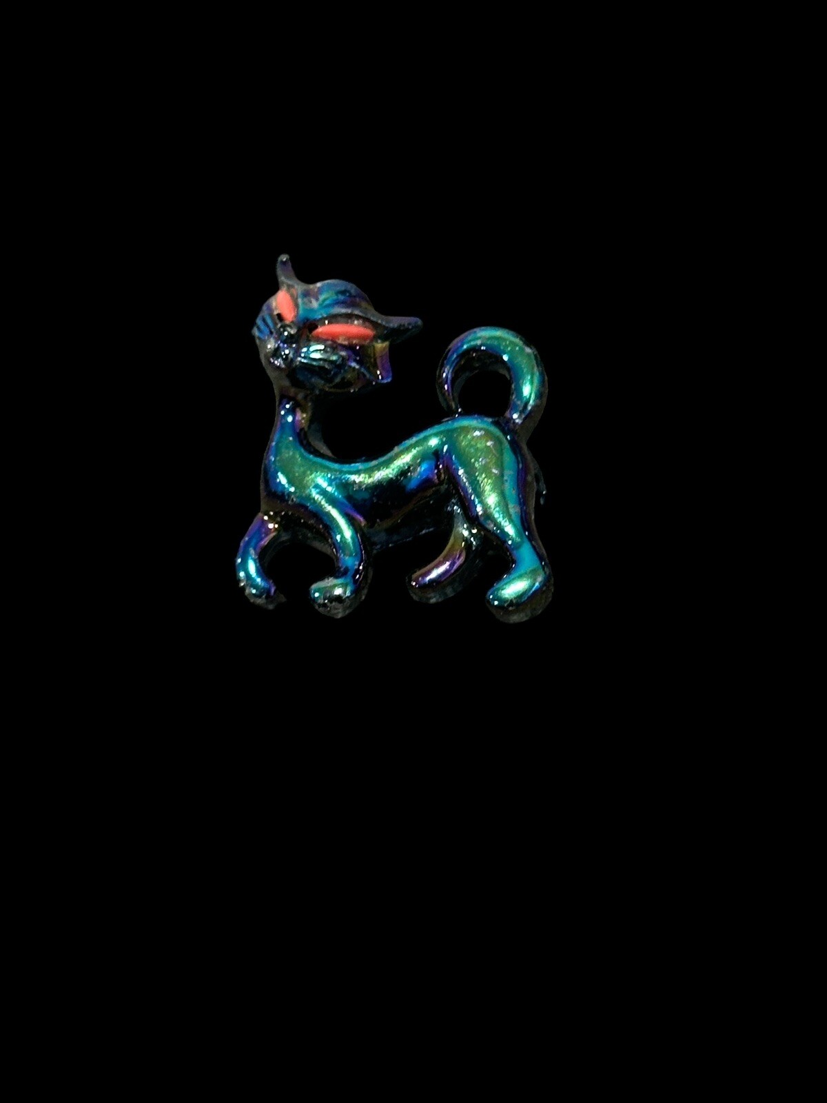 Vintage Iridescent Lusterware Cat Scatter Brooch Pin Red Eyes Oil Slick