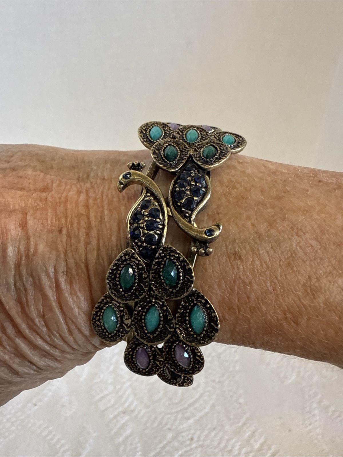 Vtg Peacock Bracelet Gold Green/ Purple Hinged Opens Front