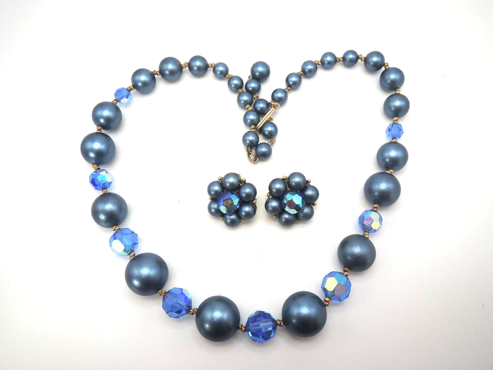 Blue Plastic Bead Necklace and Clip Earrings Set, 1950-’60s
