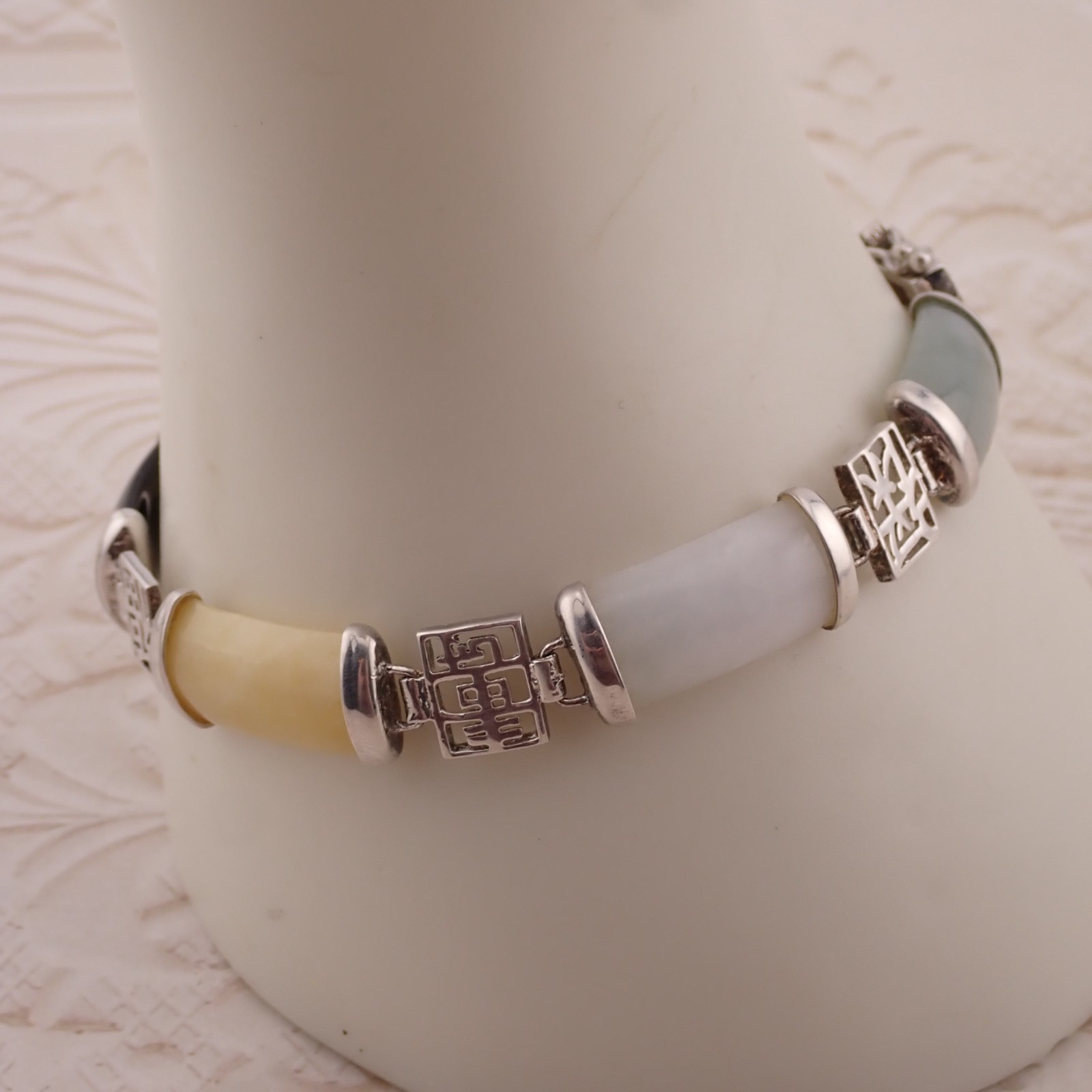 Vintage Sterling Silver Asian Red Green Gold Jade Onyx 7 1/2″ Panel Bracelet