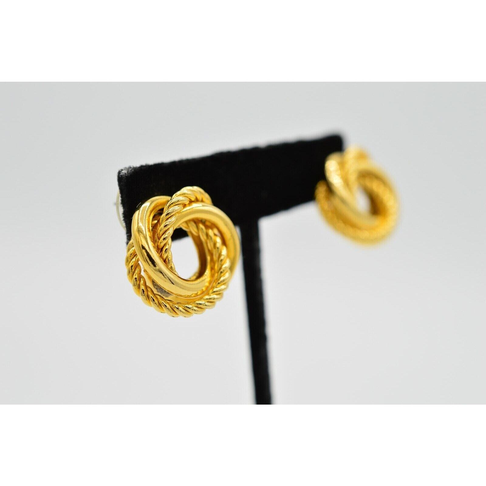 Vintage Round Knot Earrings Pierced Gold Tone Chunky Twisted Linked NOS 1980s