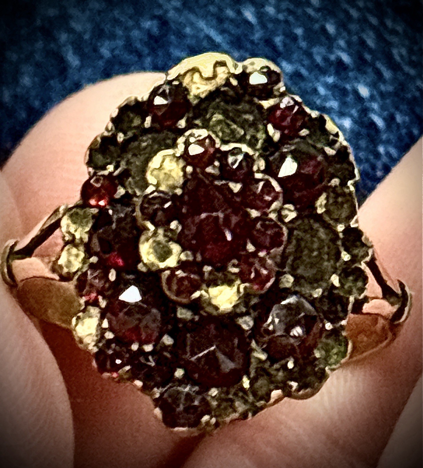 Antique Bohemian Garnet Cluster Ring Czechoslovakia Gold Genuine Garnets Estate