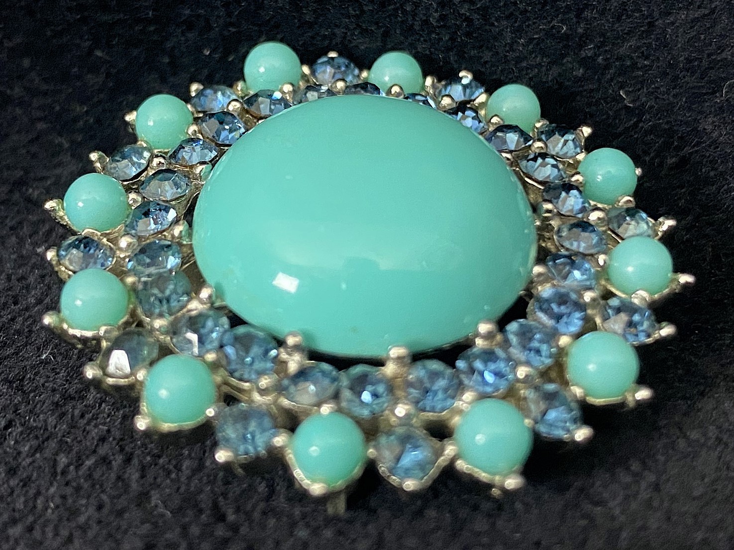 Vintage, Signed, Trifari Costume Jewelry Brooch Faux Turquoise Blue Rhinestones