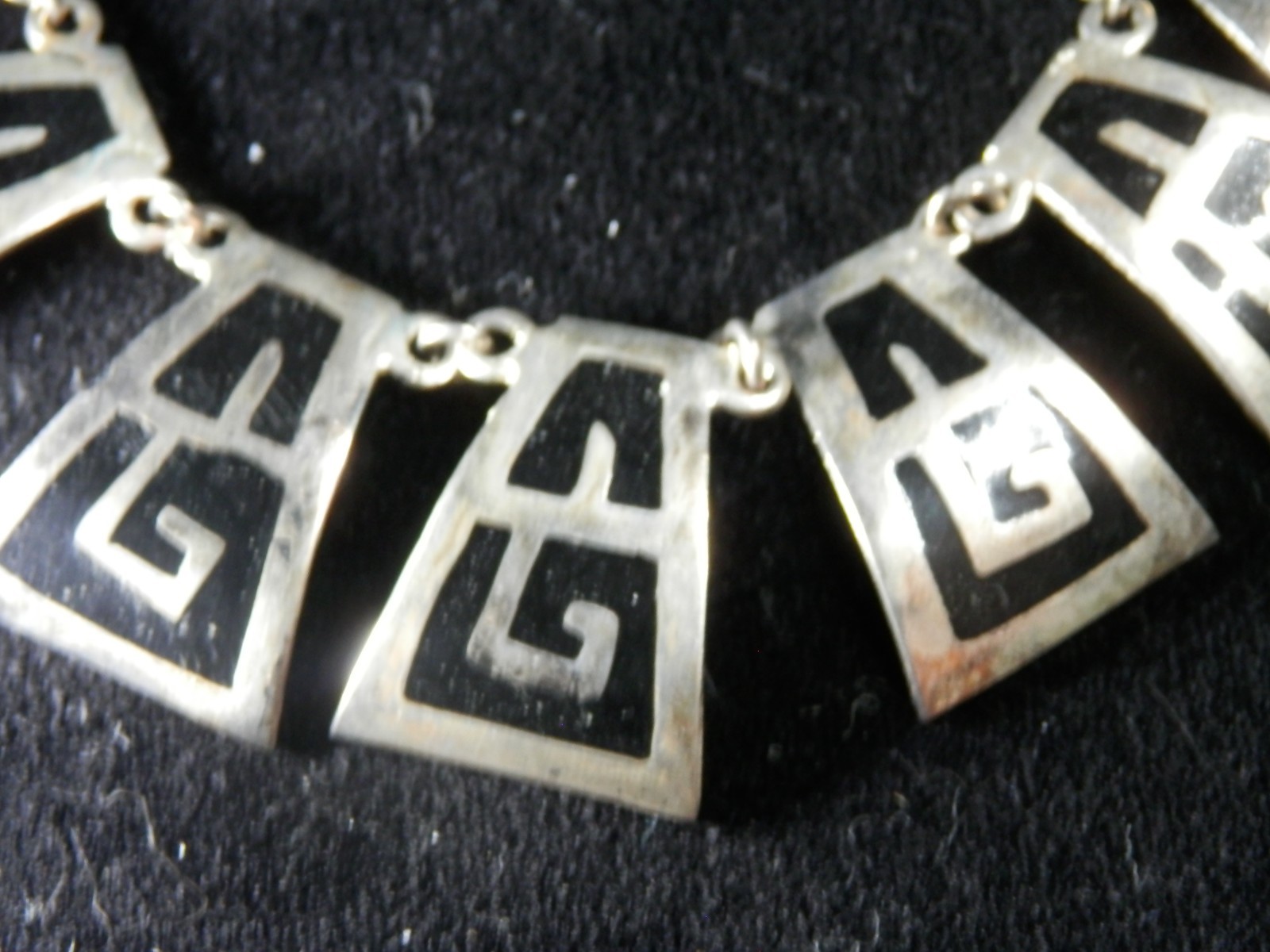 Mexico Alpaca Silver Greek Key Bib Necklace • Choker Bar Link Chain 19″ Enamel