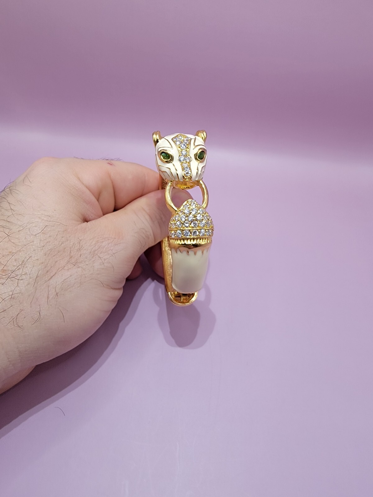 Vintage NOIR Ivory Enamel and Gold Tone PANTHER Head Clamper Bracelet
