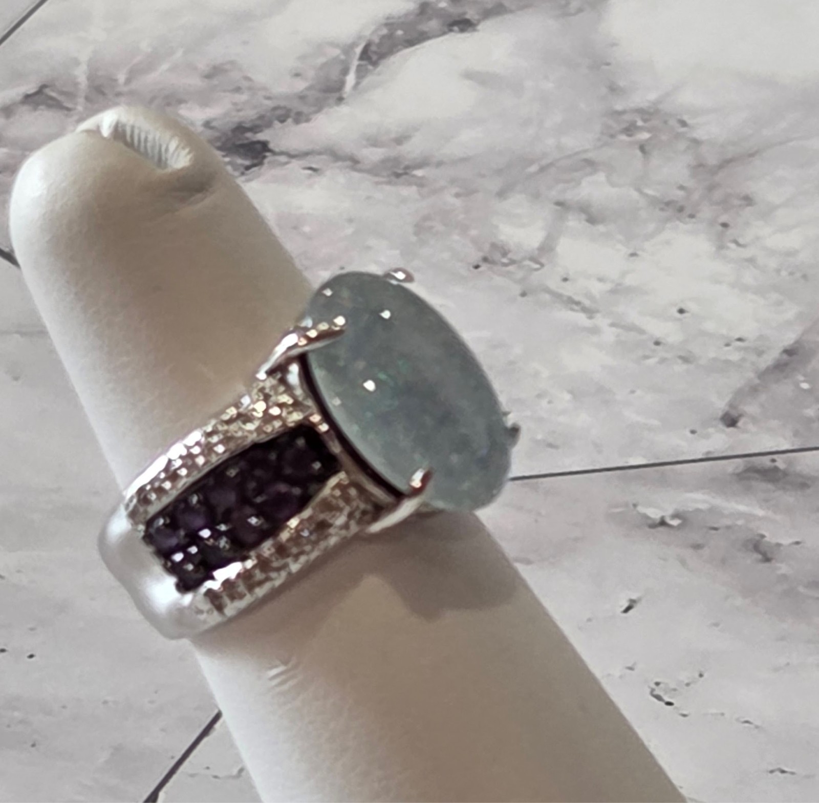 VINTAGE 925 Silver signed JZ Oval Aquamarine & Amethyst Accent Ring sz 5
