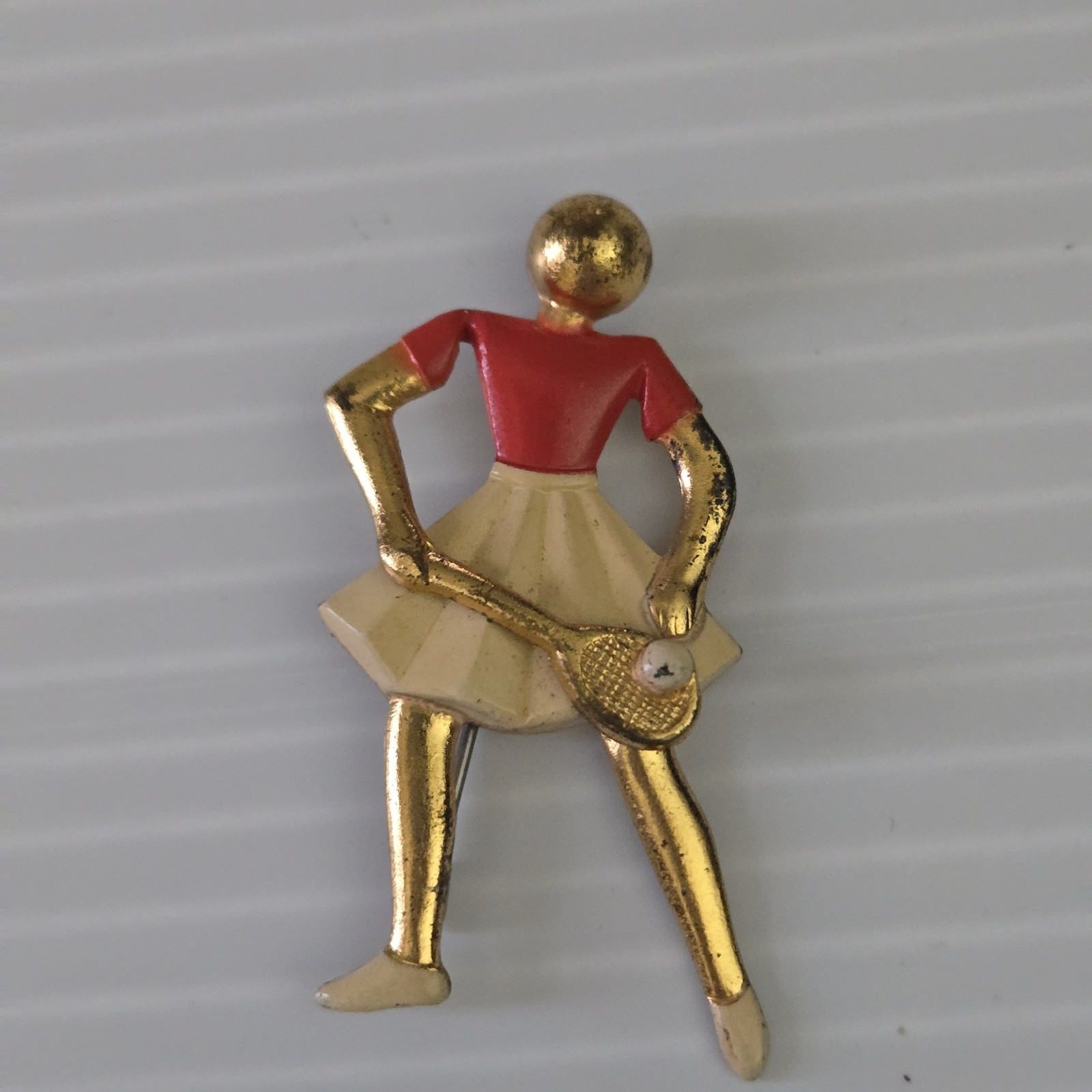 Vintage Gold Tone Enamel Tennis Player Figural Brooch Pin Red White Sports
