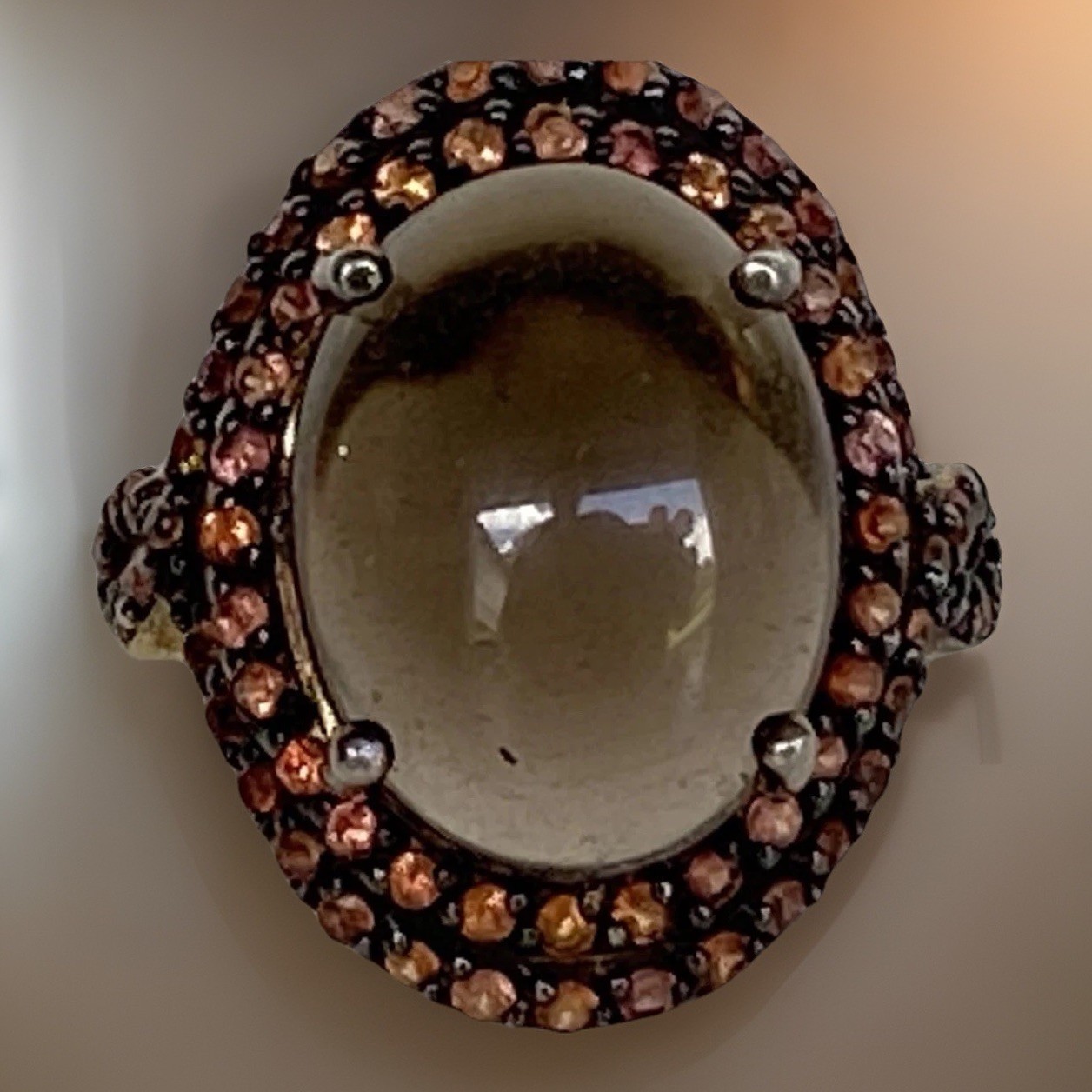 Clear Brown Stone w/Tiny Peach Stones Gold Plated Sterling Silver Ring TH , Sz 7