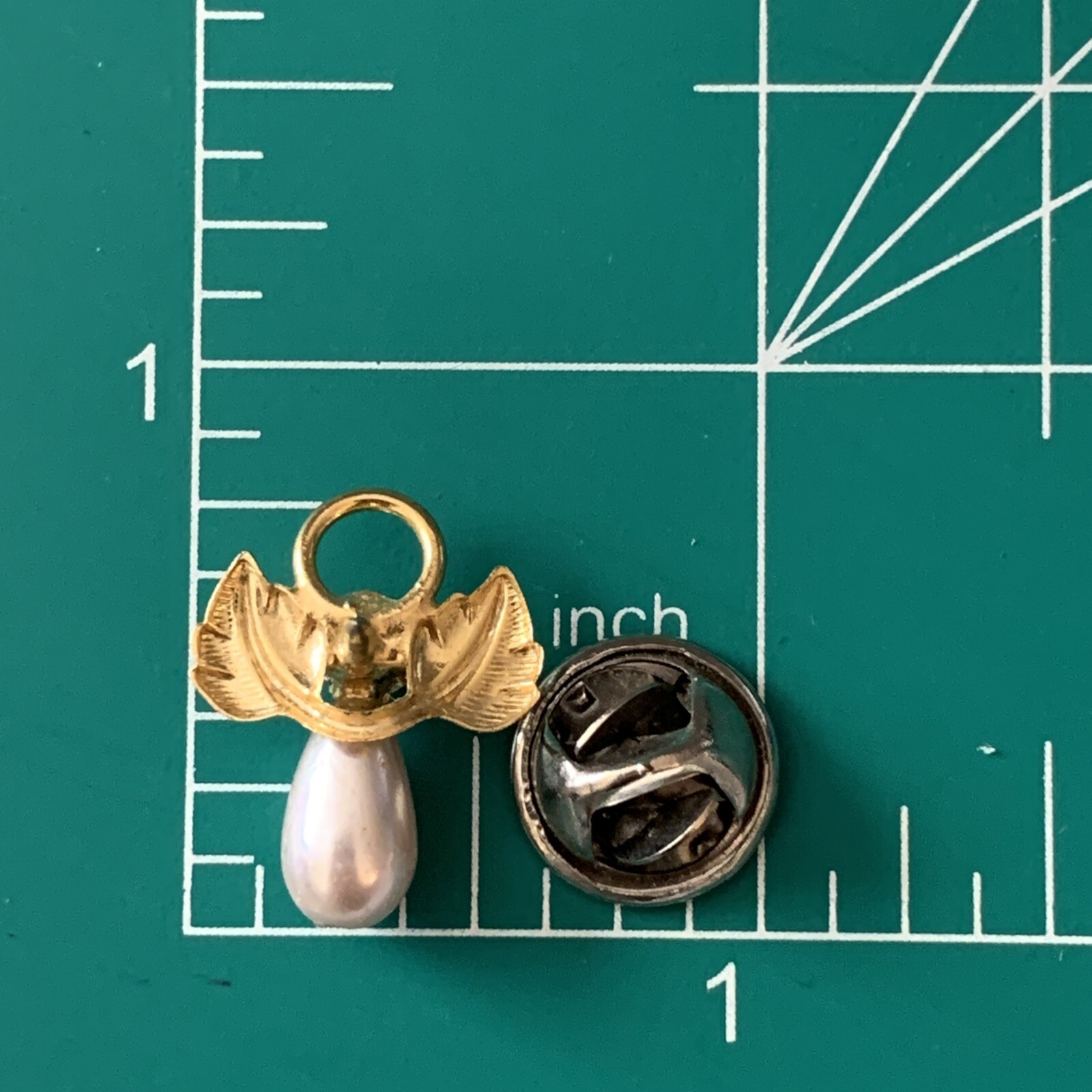 Vintage Faux Pearl Teardrop Rhinestone Guardian Angel Religious Lapel Pin 3/4″