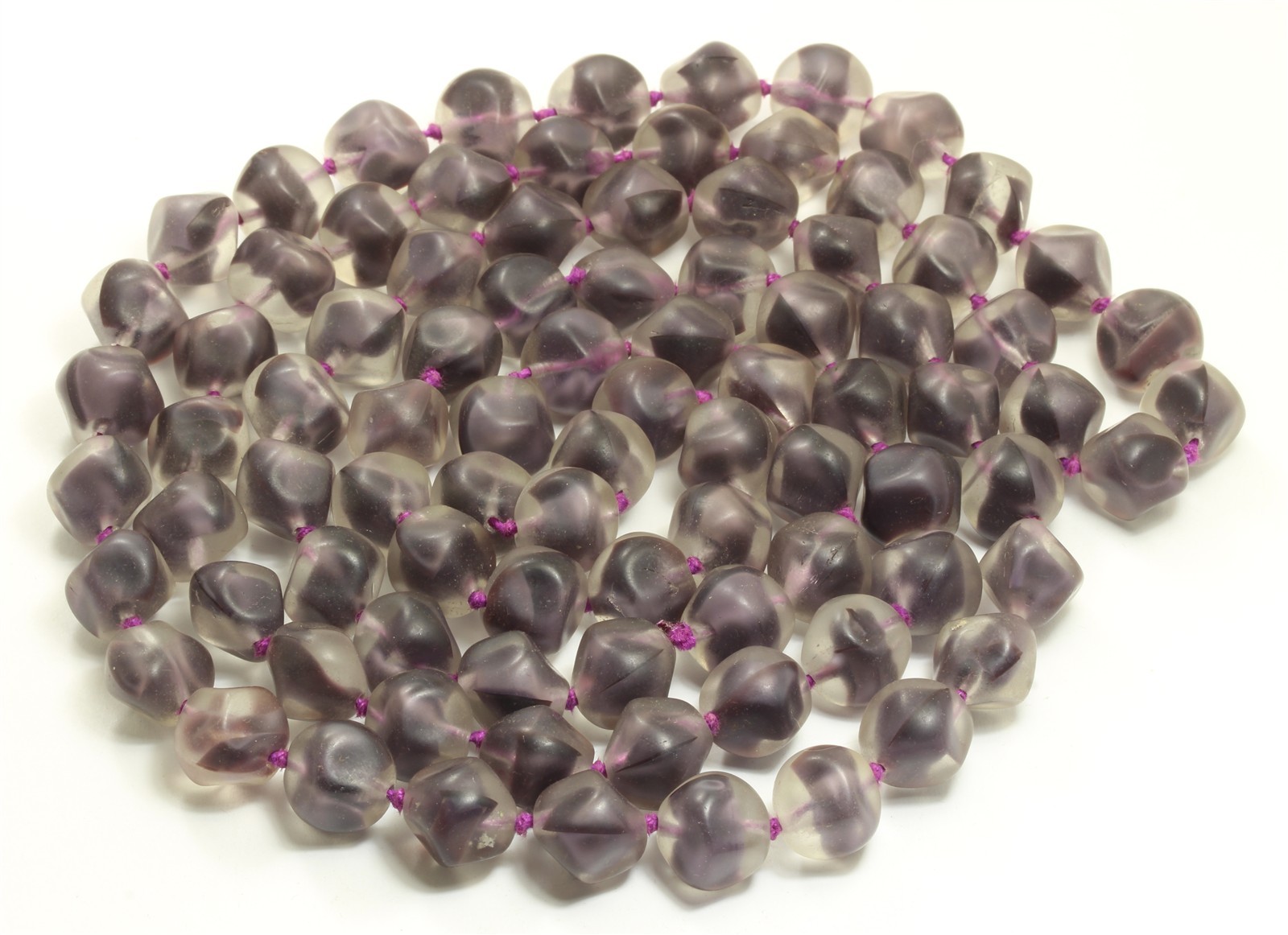 Vintage Mid Century LONG Hand Knotted Purple Frosted Glass Bead Necklace 42″