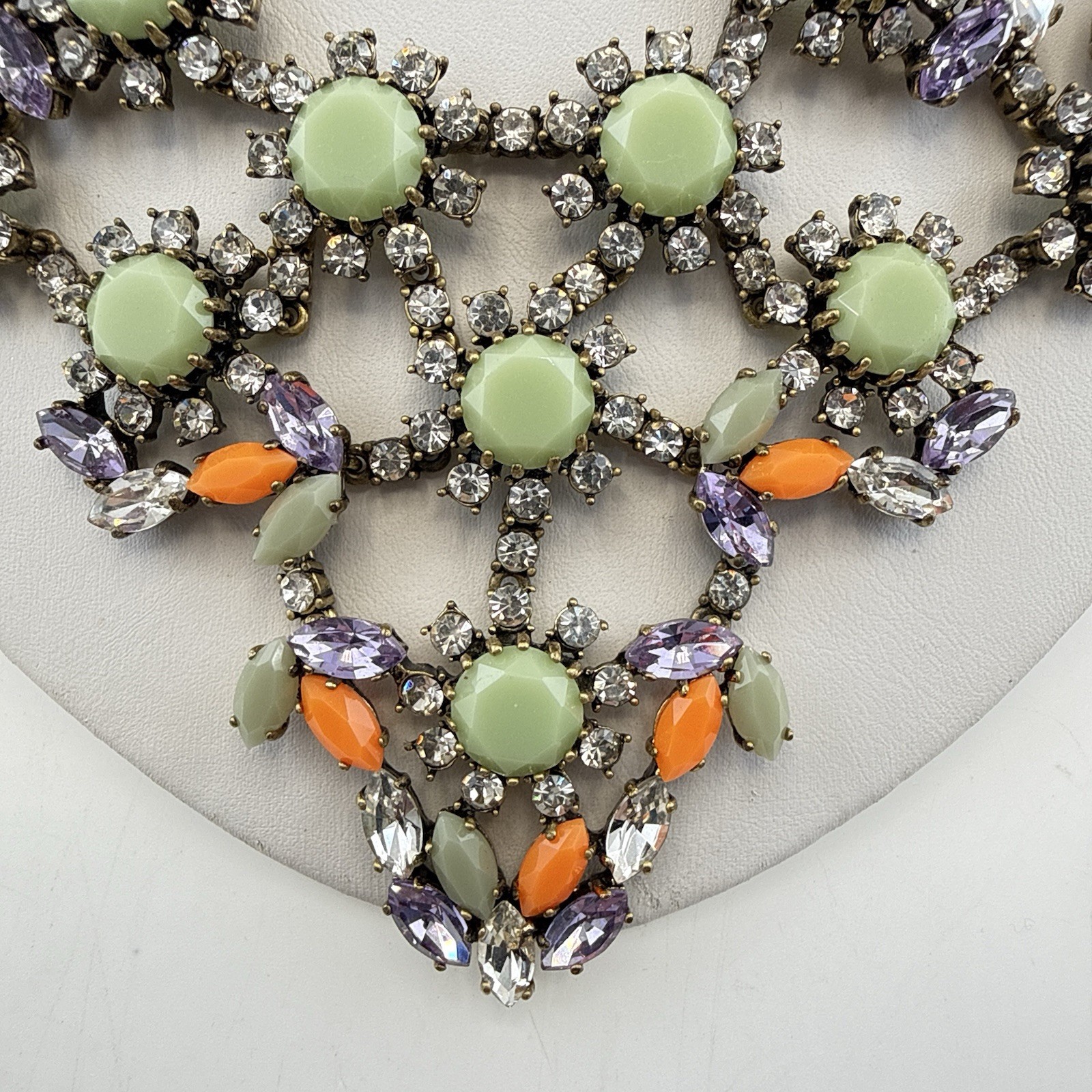 J Crew Necklace Bib Chunky Green Orange Bold Festoon Floral Rhinestone Statement