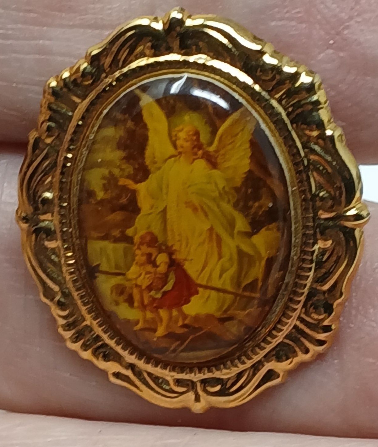 Gold Guardian Angel Pin Religious VTG Brooch With Child #J-14