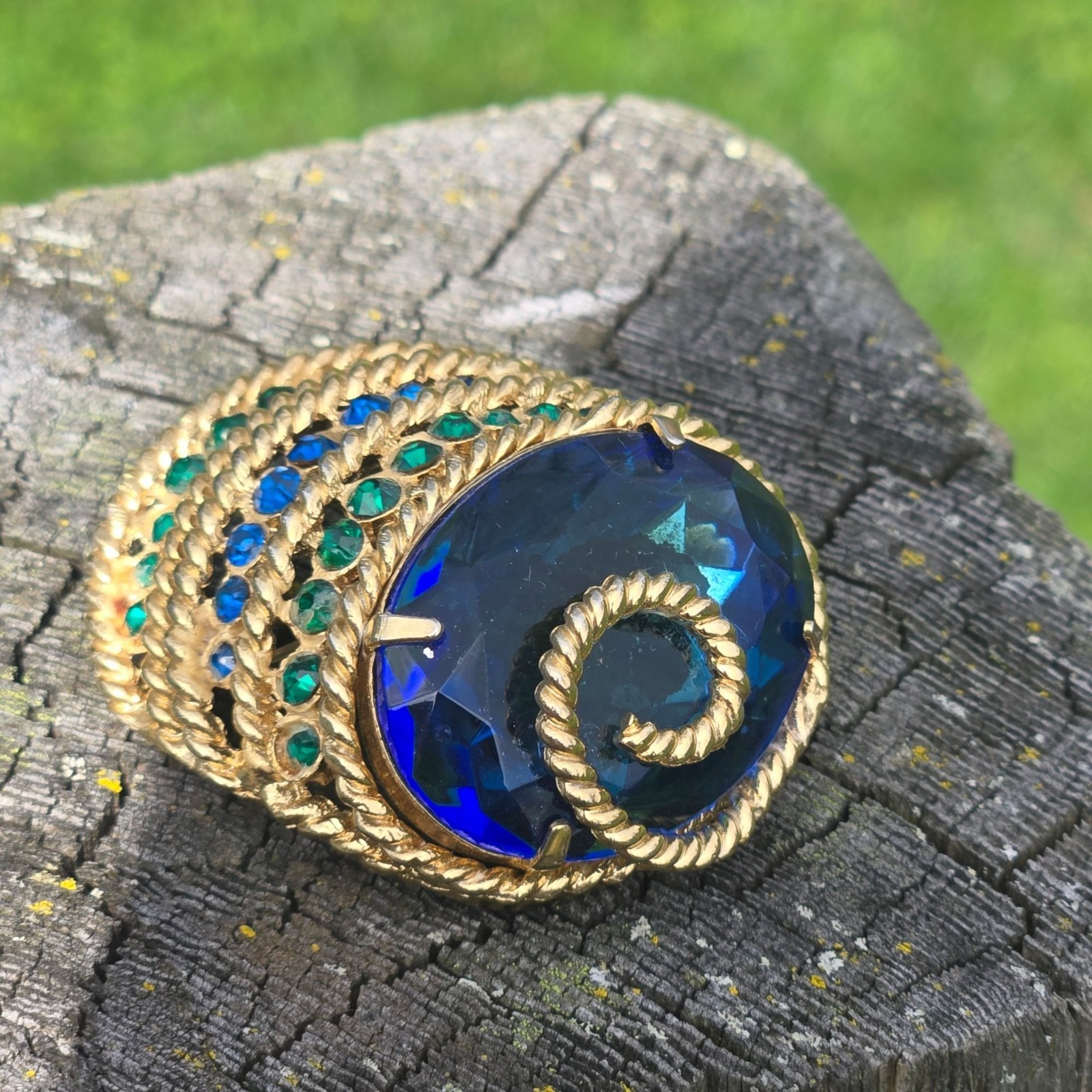 Vintage Corocraft Blue Glass Brooch Rhinestone Designer Jewelry Egyptian Revival