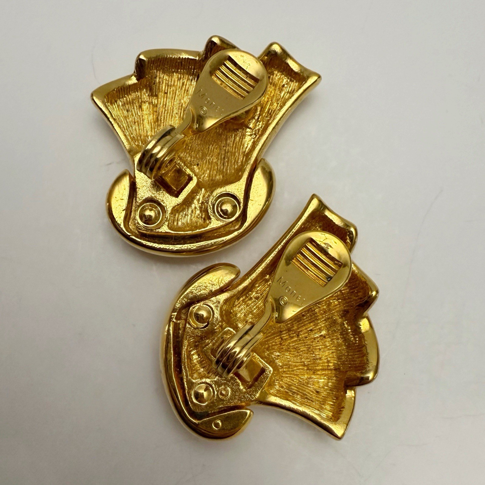 Vintage MONET Polished Goldtone Art Deco Revival Fan Wave Clip On Earrings