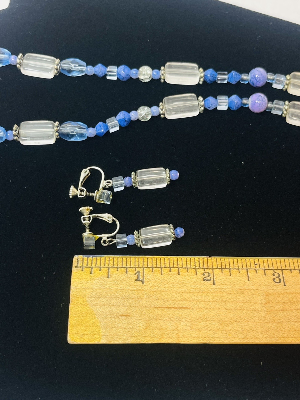 Vintage 21″ Glass Beaded Necklace and Screw Back Clip Earrings Blue Purple